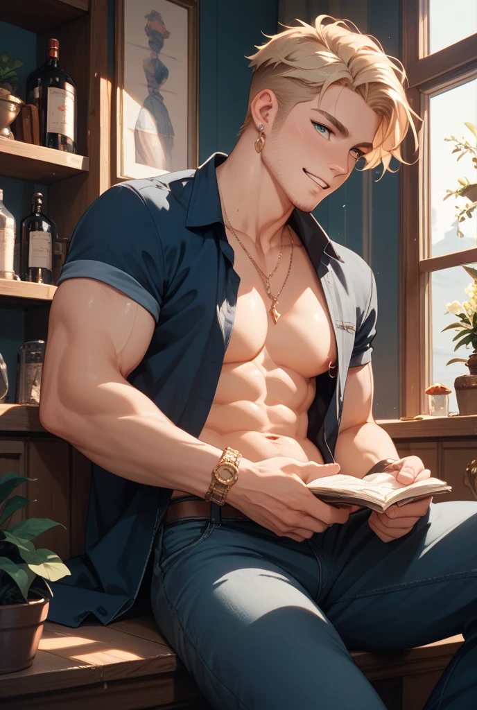 (Extreme Detail CG Unity 8K wallpaper, masterpiece, highest quality), (Exquisite lighting and shadow, highly dramatic picture, Cinematic lens effect), Solo, Lin Hu, (solo:1.2), smile, 1 boy, navel, jewelry, male focus, thighs, denim shooting, white panties, necklace, foot out of the frame, abs, muscular male, raised, shirtless, (sheath: 1.3), bedroom, rustic pastoral, (reclining on bed), (dynamic pose), (excellent detail, Outstanding lighting, wide angle), (rendering is excellent enough to stand out in its class),