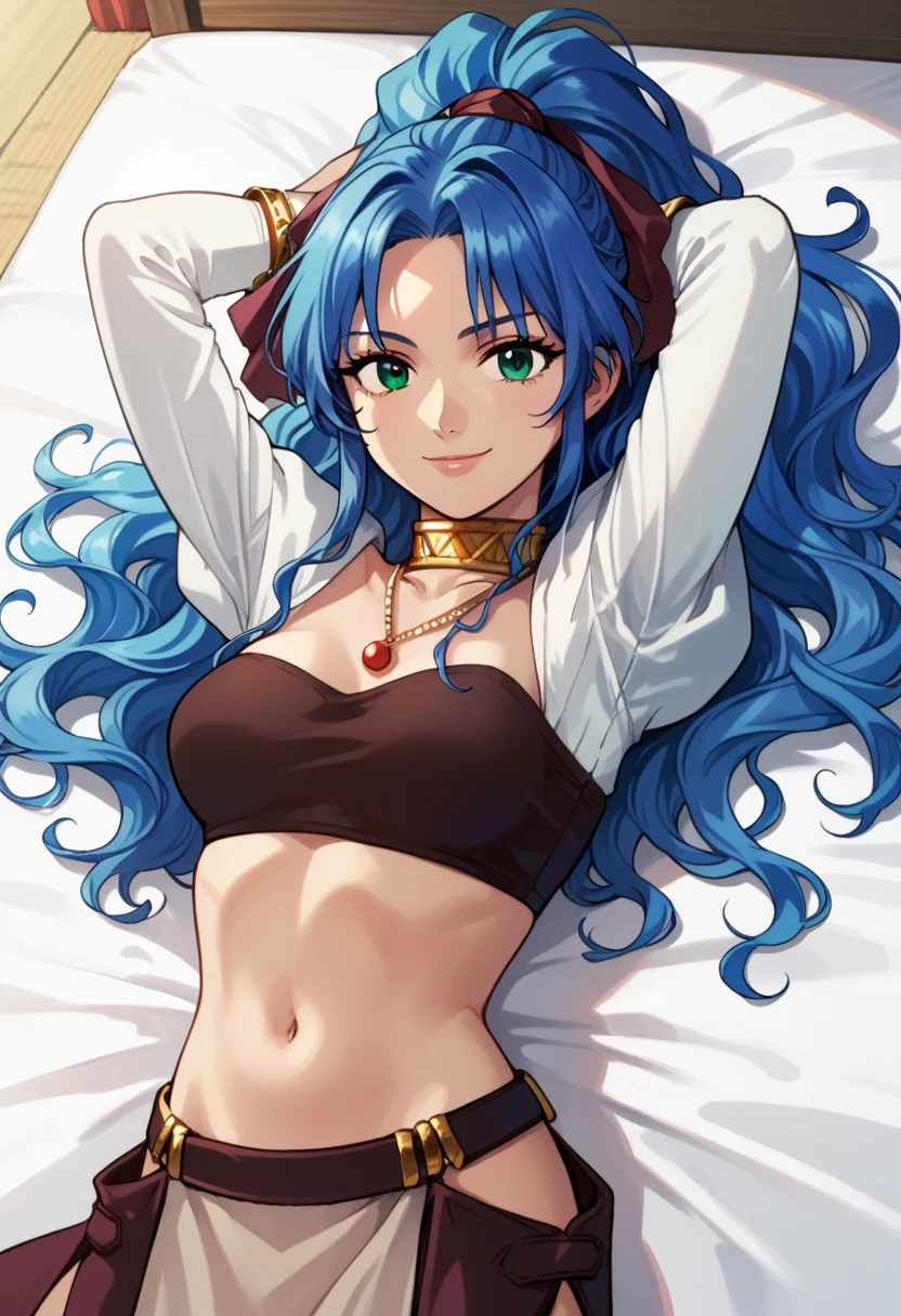 muste piece、High resolution、1 girl、大きなtits、belly button、long hair、gold circlet、lie down with legs spread、((sage \(dq3\)、blue hair、circlet))、detailed depiction of the face、Stare at me with sharp eyes、angry expression、cold look、(Lying on your back in bed、lie down with legs spread、lean back)、、low length、slender、muscular、thin thighs、(((tits、Slutty white bra with detailed decoration、sexual panties with detailed decorations)))