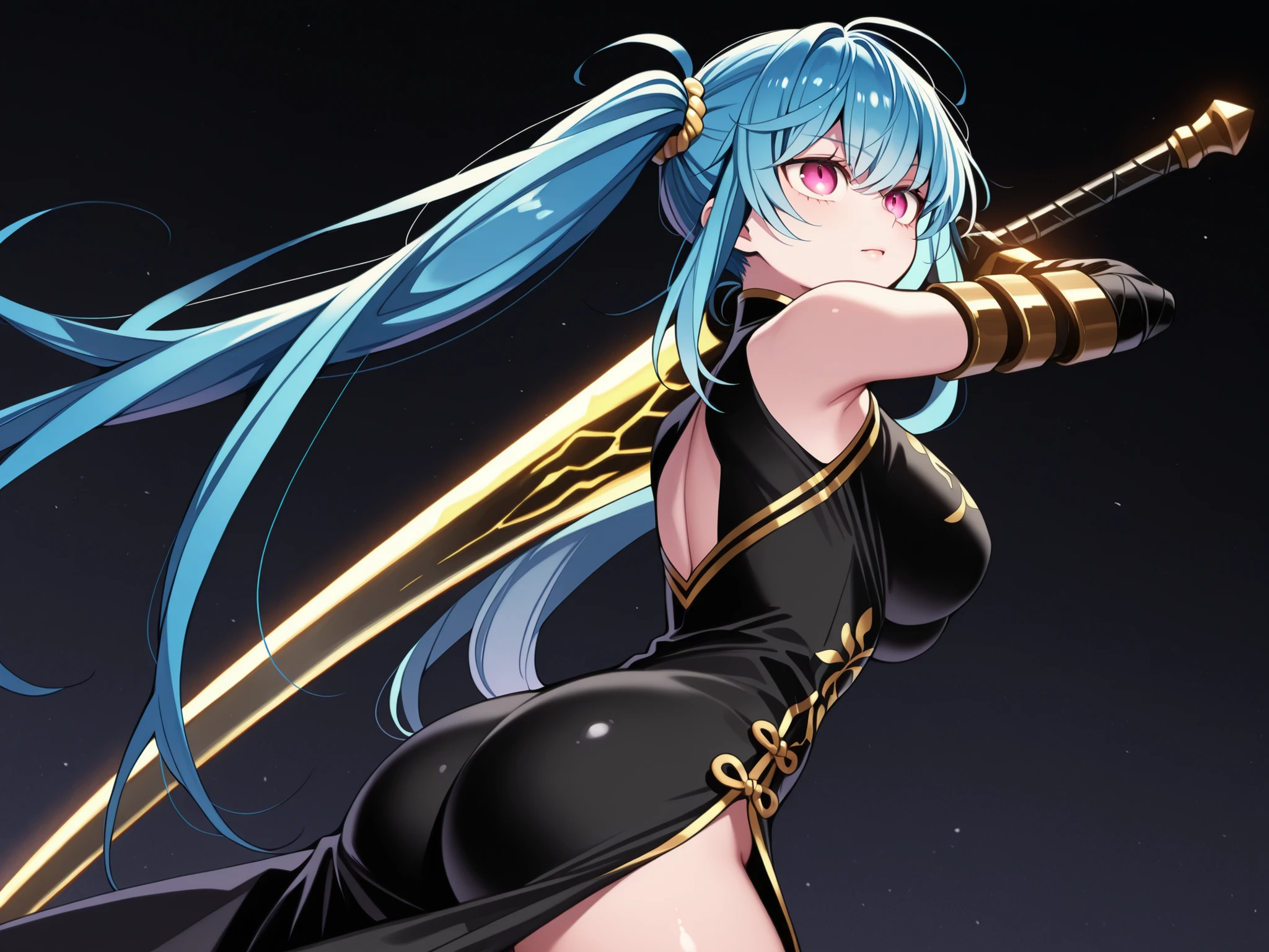 Solo, 1 girl, young character, age character,  character;

cyan blue hair, the character's hairstyle must be the same as Lily from "Lilith's Cord" (long pigtails hairstyle), long bangs, pigtails hairstyle;

The character's face must be the same as Lily from "Lilith's Cord", eyes as Lily from "Lilith's Cord", cute expression, young, sensual, perfect and beautiful face, long pigtails hairstyle, big breasts and ass;

Perfect anatomy, big breasts and ass, Black coat like Reed, the Flame Shadow in "Arknights", sensual black Chinese dress (Chinese dress with gold details), exposed arms, in a sensual pose, perky butt, short body height;

Holding a black greatsword with gold details, gold ornaments, divine and beautiful greatsword, cyan blue blade;

Black background, striking pose, looking at the observer, The character's height should be the same as Lily from "Lilith's Cord";

Flashy pose, shoulders and head exposed, close to the face, looking at the character, looking at the observer, face to face, cute expression, confident;