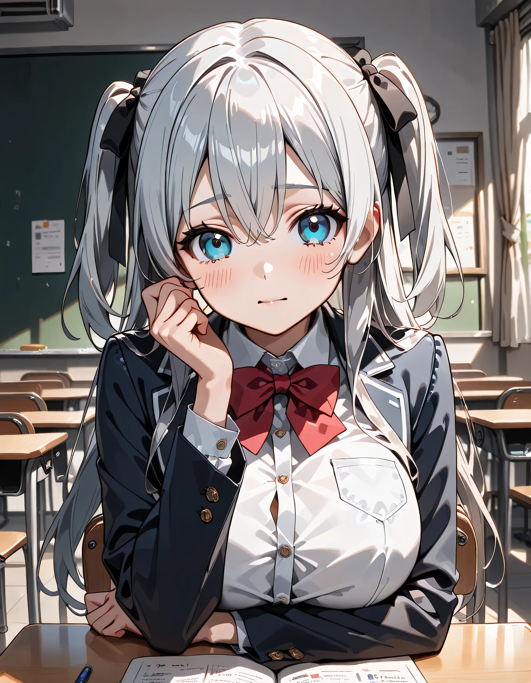 ((ultra-detailed)), (highly detailed CG illustration), (best quality:1.2), ultra-highly detailed, colorful composition, artistic photoshoot, 1girl, solo focus, (upper body:1.4), moe anime character, girl, dainty facial structure, baby face, round face, rounded chin:1.2, ideal ratio body proportions, blue eyes, silver hair color, long hair, two side up, hair ribbon with black, ample breast, school uniform, navy blue blazer, modern style with fitted jacket, red neck bow, long sleeves white frilled shirt, navy blue pleated skirt, and black high socks, (shy:1.6), blush:1.5, sit on the chair in school classroom:1.3, a class in session:1.3, other students are taking classes too, from front, dynamic pose, contrapposto pose, best quality, masterpiece, expecting, pink cheek, blush, light pink gloss slip, portrait, depth of field, poured sunlight, sidelighting, shine, lighting, caustics, ray tracing, perfect face, lustrous skin, highly detailed face, highly detailed eyes, perfect face, perfect nose, perfect hair, perfect eyes, perfect anatomy, beautiful hair, beautiful small face, extremely detailed face, beautiful detailed eyes, beautiful clavicle, beautiful body, beautiful huge breasts, leavage, breasts squeezed together, equalize the size of the left and right breasts, beautiful thin thighs, beautiful legs, beautiful fingers, 4 fingers, 1 thumb, lovely, (very detailed background:1.0), (highly detailed background:1.0), intricate details, in love atmosphere, colorful and sparkling colors palette, chromatic aberration