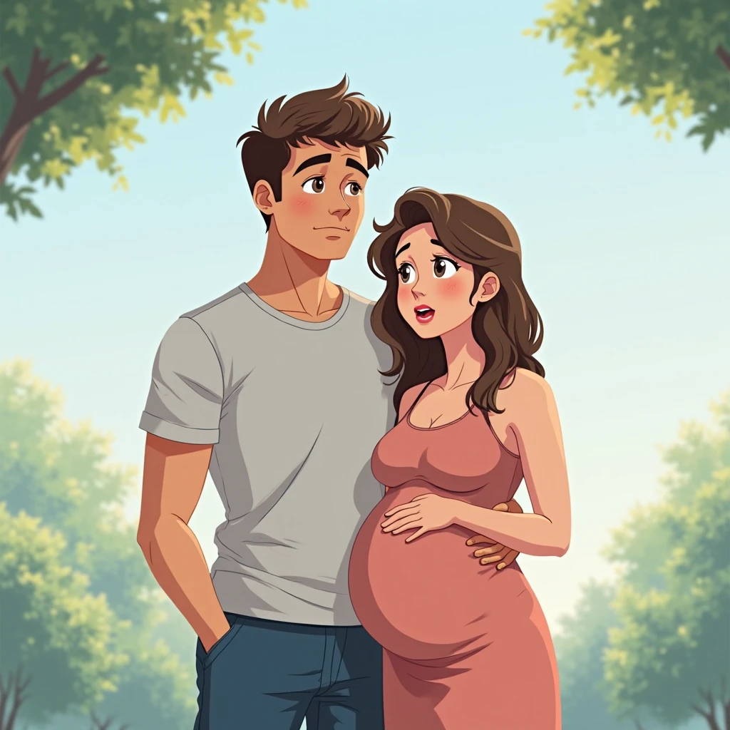 A young couple cartoon style, she's pregnant
