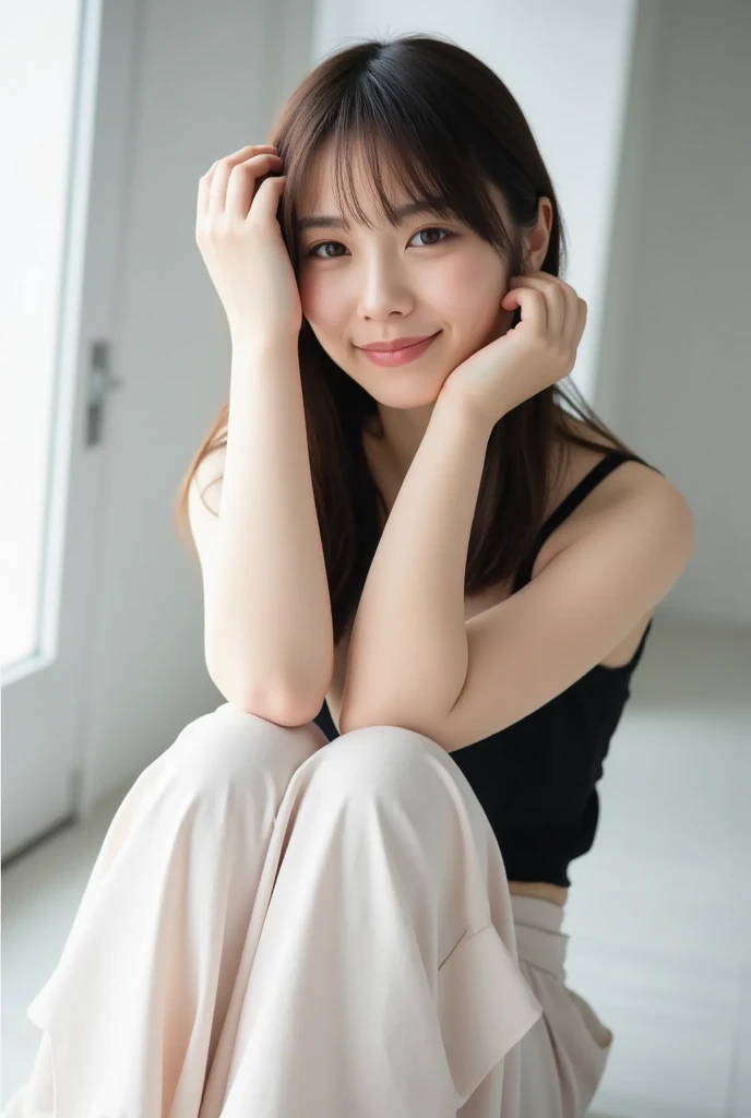 (Masterpiece, highest quality:1.2), (high resolution,Fine details:1.2),(Realistic texture),(All the whole body is visible),(All photos taken facing forward and looking directly at the camera),(All of them are doing squats facing forward.),One girl, One beautiful woman,Beauty Student,Student Model,Body type is thin and slim,Fine and beautiful white skin,Breast augmentation,The eyes are large and have double eyelids.,In the hand,Her hair is in a smooth ponytail,Filmed in a dirty Japanese toilet,Public toilet floors are littered with half-used paper and hair.,He is wearing a thin white cotton cardigan, a thin transparent shirt, and white see-through shorts.,He is wearing long white leg warmers that reach from his knees to the top of his feet.,He wears standard black loafers.,