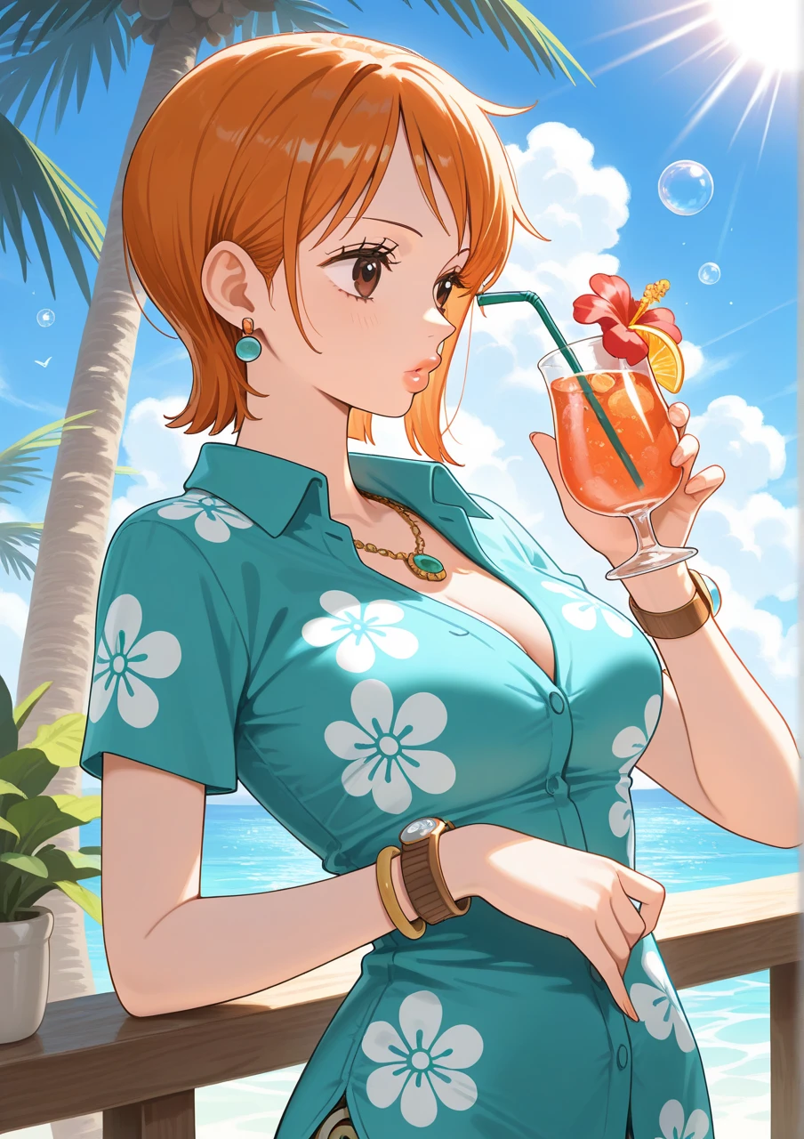 score_9_up,score_8_up, 1girl, solo, green eyes, burgundy hair, twin low tails, long hair, ((blush)), closed mouth, smile, big breast, pose, (thin girl:1.2), (bubbles), ((entertainment park)), sunglasses, (glass with a straw)