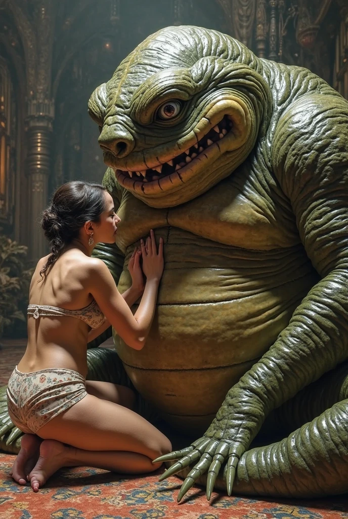 (Kelly Hu, age 25, sheer fishnet outfit no underwear) dancing in Jabba's palace. She has a leash around her waist that Jabba is holding. Dangerous aliens cheer