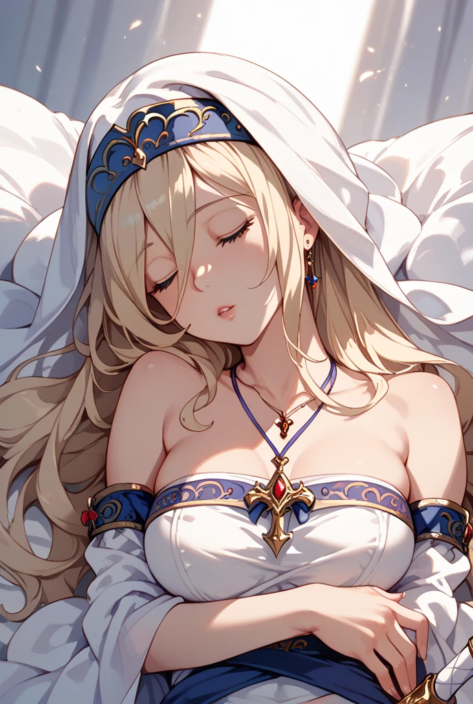 (blonde:1.2),(long hair with curls:1.25),(No bangs:1.25),(A crystal-like clear round gem in the middle of the forehead:1.3),(light pink and blue eyes:1.3),(clergyman:1.3),(White, light blue, blue, and navy blue monastic robes:1.3),(hat with a veil:1.25),(blush:1.2),(small breasts:1.65),(Sleeping curled up:1.6),(close up of face:1.2),(Front perspective:1.5),(A place like a fantastic white palace temple:1.4),(Silk Bed:1.5),(White Palace:1.6),(Sleeping with your eyes closed:1.6),