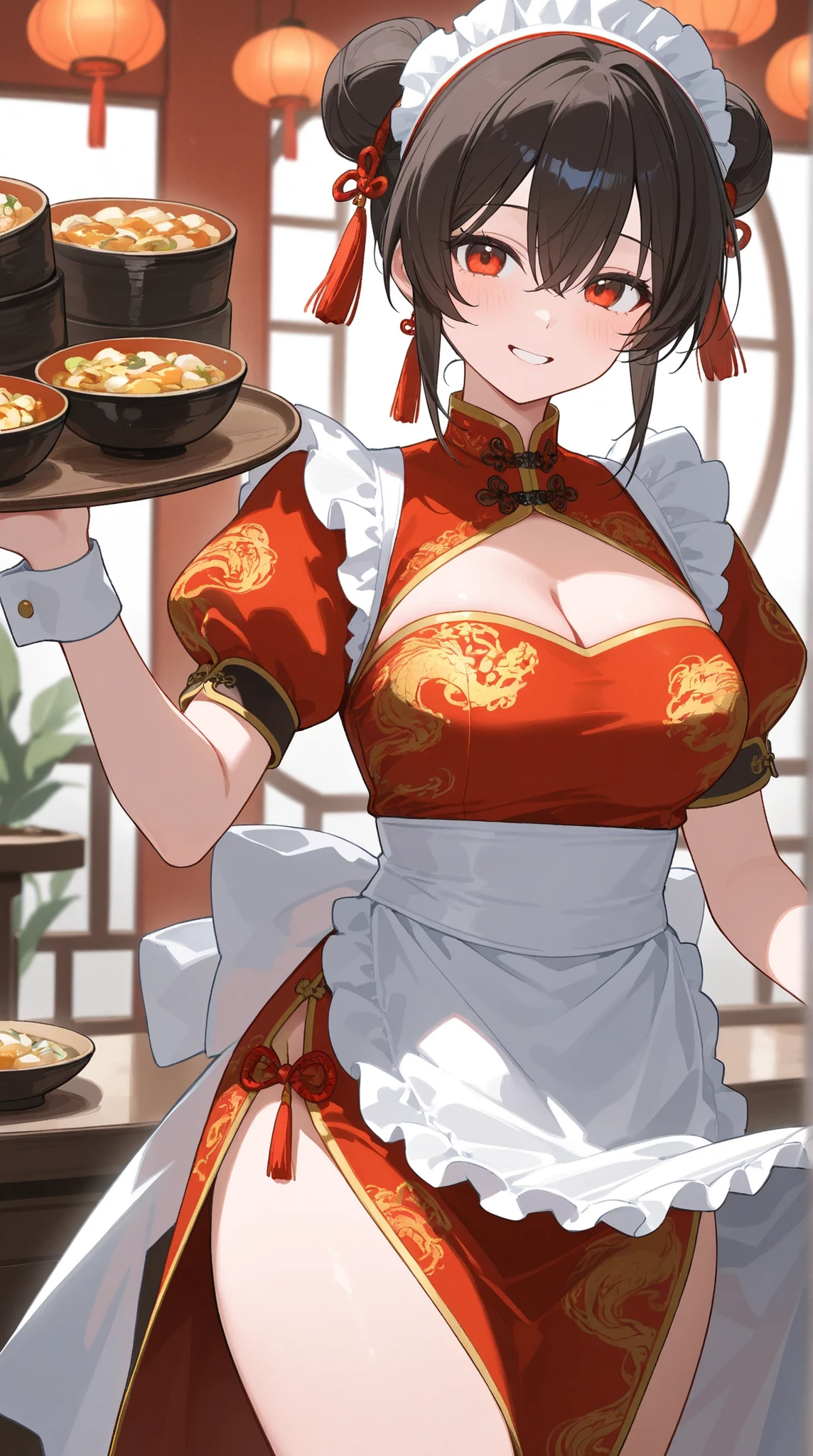A woman in a Chinese dress making steamed meat buns at a Chinese restaurant　Giant steamer　Large Breasts