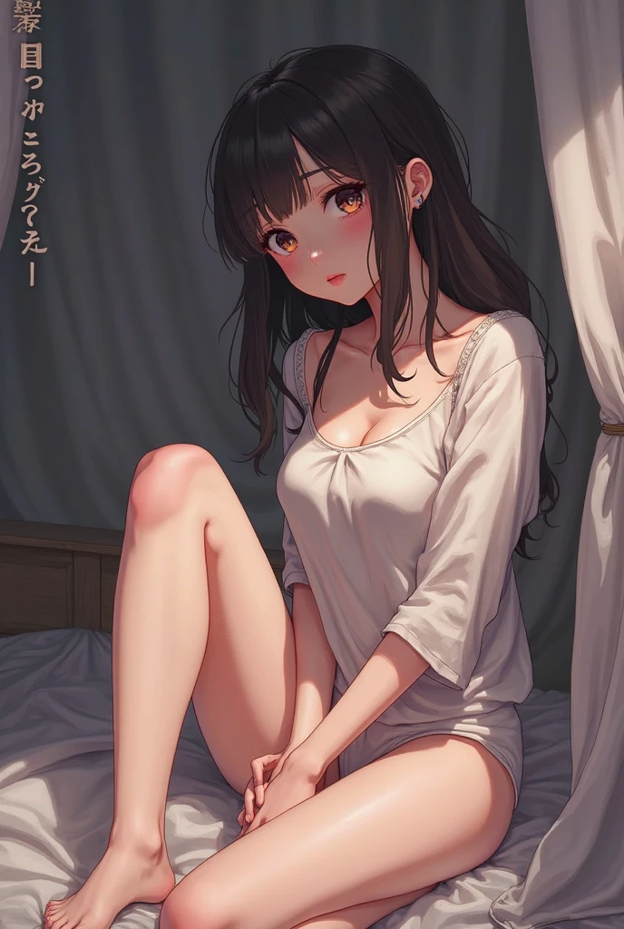 Black Hair、Semi-long hair、Blushing、In underwear、I can see her panties、M-shaped legs、On the bed、Glamorous expression、Random pose、Glamorous expression、