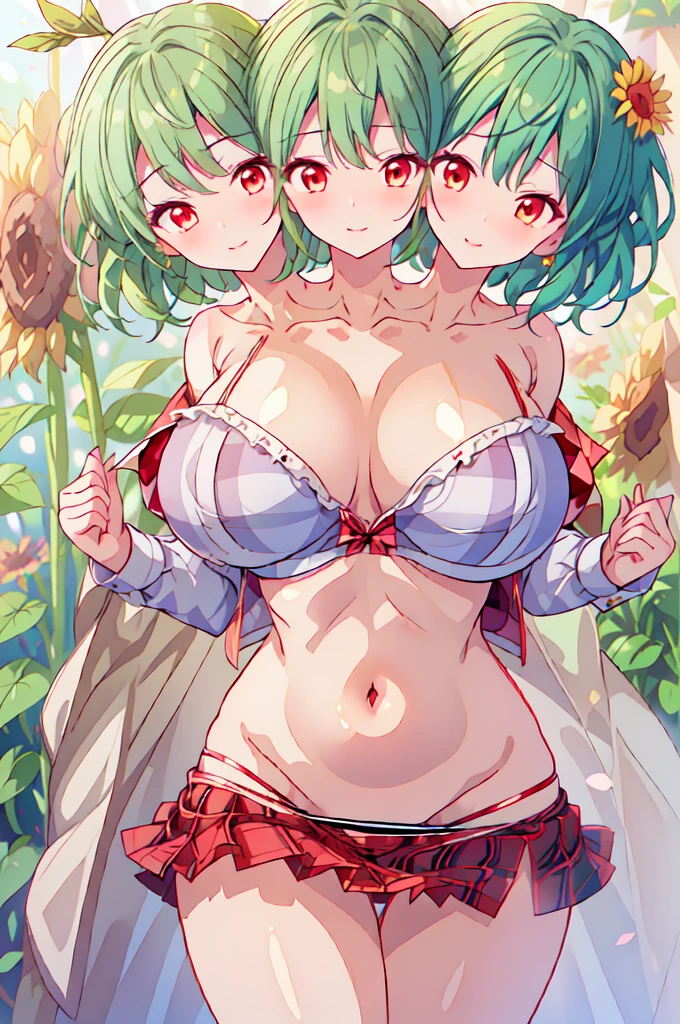 (masterpiece, best quality), best quality, (ultra-detailed), (3heads:1.5), 1girl, (kazami yuuka:1.3), masterpiece, best quality, ultra quality, ultra resolution, ultra detail, red checkered top, crop top, ((stomach)), midriff, ((groin)), red skirt, normal ears, shackles, green hair, short hair, red eyes, very detailed eyes, beautiful eyes, parted lips, green hair, smiling, open belly, cute, toned belly, hand on own chest, eyelashes, (24 year old woman:1.3), (masterpiece:1.5), (best quality:1.5), (beautiful detailed), extremely detailed CG, extremely delicate and beautiful, depth of field, (finely detailed face), (perfect details:1.2), (mature female:1.3), wide pelvis, slender, large veiny breast, 16k resolution, highres, very high quality, very high definition, extremely detailed, masterpiece, best quality, green hair, short hair, alluring presence, seductive smile, smirk, short skirt, close up, very big tits, huge tits, young, girl with three heads, three headed girl,
