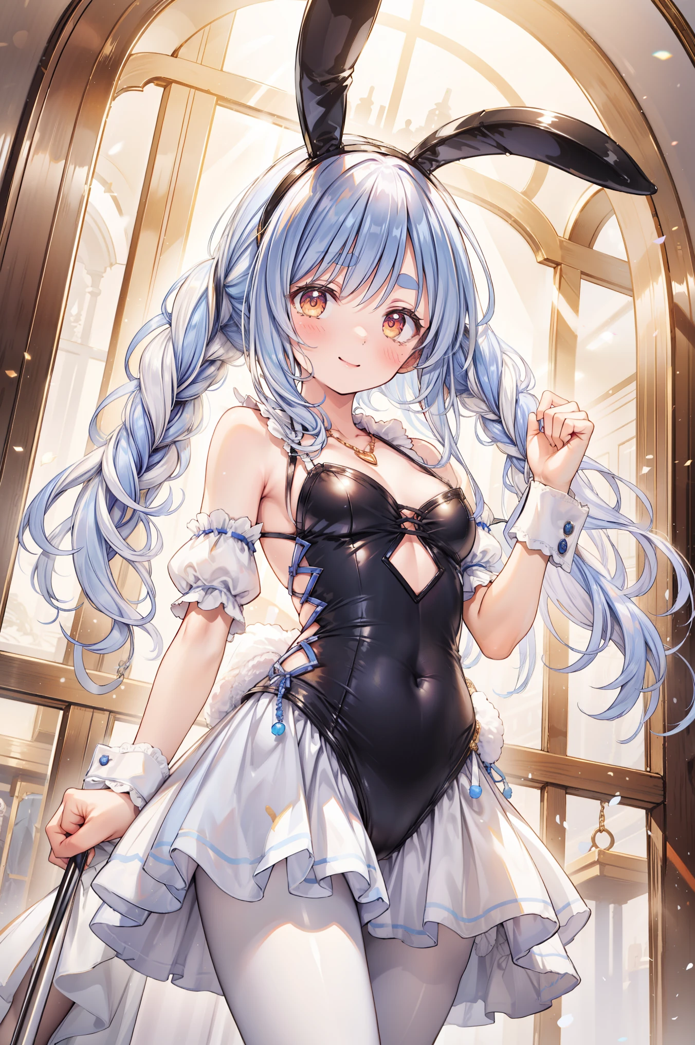 mejor calidad，tmasterpiece，ultimate resolution，Suave，extremadamente colorido，De color，Princesa sirena，(white Vestido Lolita:1.4)，Medias de tirantes negras，Starrysky Android!,More detailed 8K.motor irreal:1.4,UHD,La mejor calidad:1.4, fotorrealista:1.4, textura de la piel:1.4, obra maestra:1.8,obra-prima, mejor calidad,objeto Objeto], (detailed face features:1.3),(Laboratorio Robotizado azul:1.4),(cabello rosado largo:1.4),（Beautiful and detailed eye description）,(manos:1.4),(mostrando su panties white:1.4),(posando de espalda )
