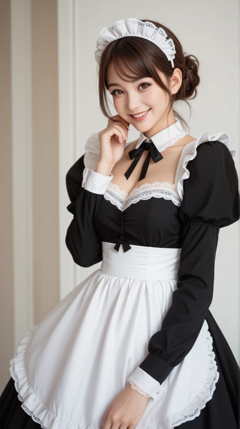 (Highest quality、masterpiece、8K、Best image quality、Hyperrealism、Award-winning works)、One maid、(Gorgeous Victorian Black and White Maid Dress:1.1)、(A black and white maid outfit with a long frilly skirt:1.1)、(Gorgeous black and white maid dress with exquisite detailing:1.1)、(Standing in the entrance lobby of the most elegant and luxurious luxury hotel:1.1)、The best smile you ever had when you saw me、Upper body photo、Accurate anatomy、Cleavage、Big Breasts、Accentuate your body lines、Natural Makeup、Ultra-high definition glossy skin、Ultra-high definition, radiant skin、Ultra-high definition glossy lips、Ultra-high definition beautiful teeth