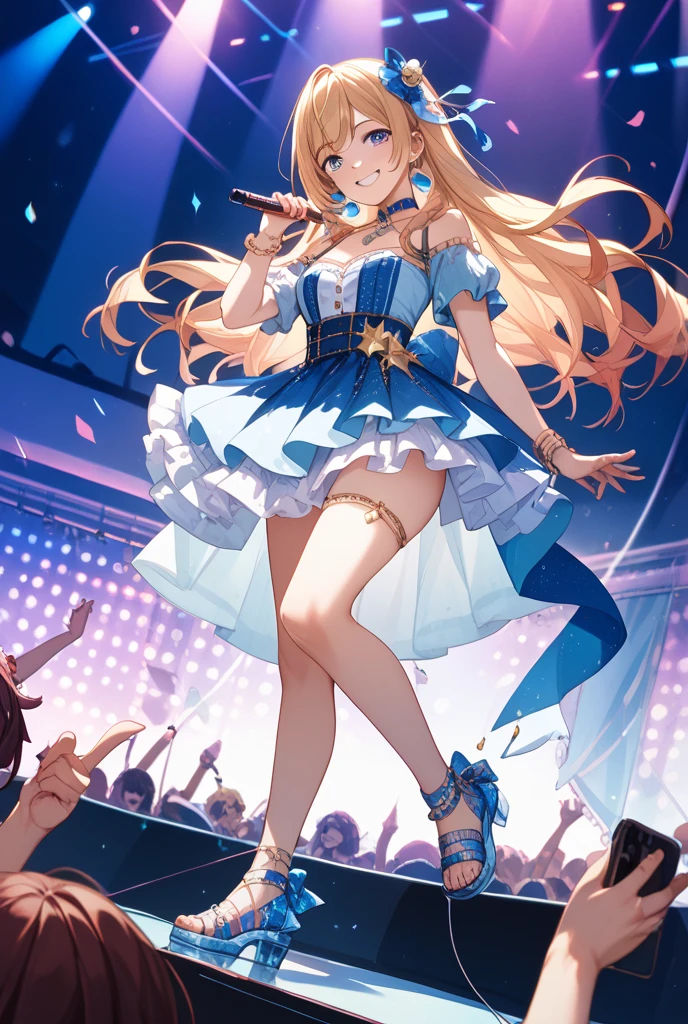 Illustration, cinematic light, high resolution, best quality, ultra detailed, detailed face, (detailed eyes), highest quality, super detailed, masterpiece, (detailed face), pretty face, best smile, sexy mature woman transparent (white and red and golden goth loli costume: 1.5), ultra detailed embroidery, cloth, choker, open cloth, NSFW, high heels, blue eyes, neon small shiny hair edges, D cup, cleavage, AI fantasy concert, glowing lighting with neon details, idol, (live stage: 1.15), (singing holding the microphone with left hand: 15), (crowded audience in the background), light reflection, heart-shaped iris, playful eyes, open shoulders, (wet body), small glowing butterfly, hair jewelry, panties, cute panties: 1.5
