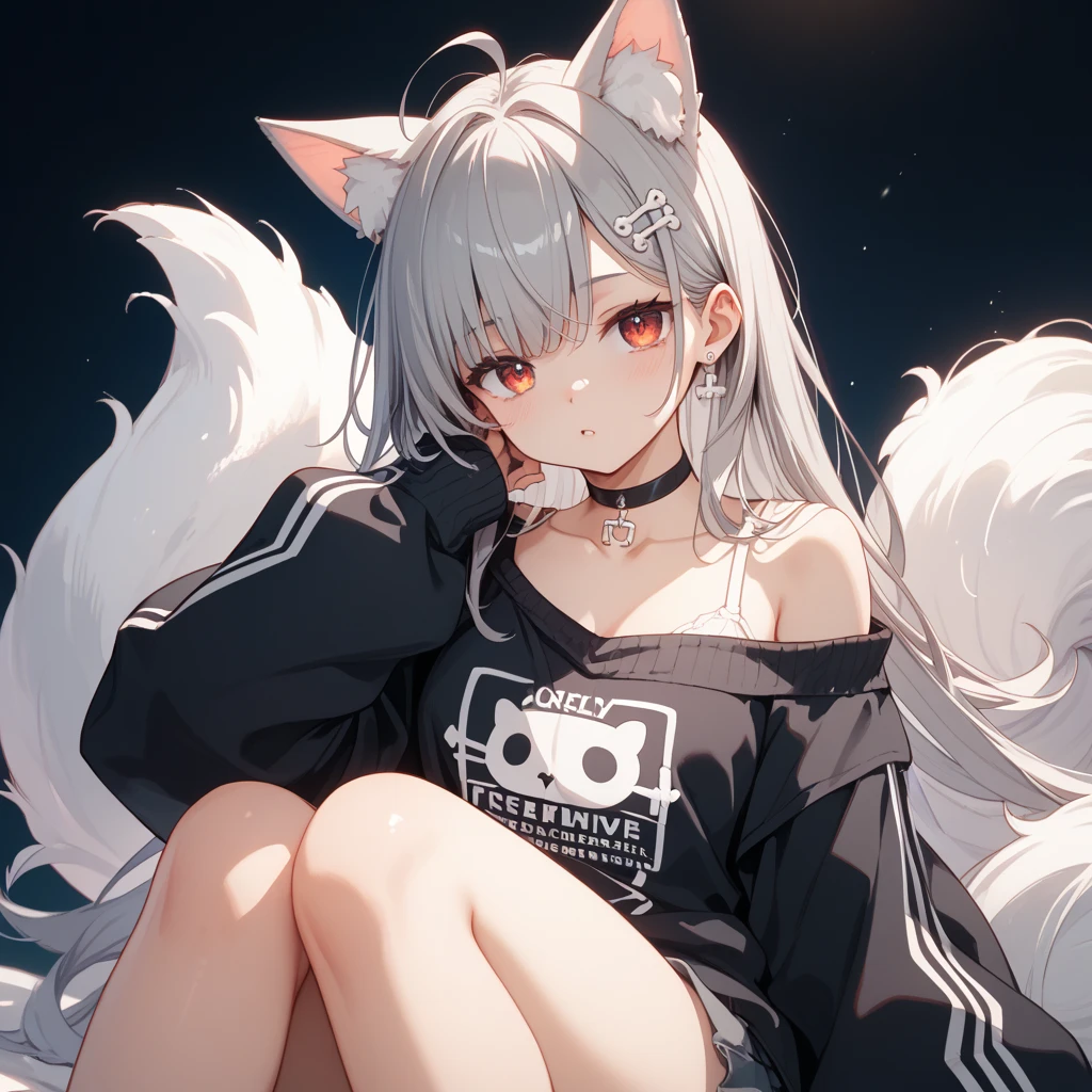 a cute adult male with wolf ears, white hair, has a wolf tail, wearing a loose cropped oversized black hoodie, wearing a pair of denim short shorts and fishnet stockings, thick thighs, wide hips, relaxing on mound of fluffy animal plushies, short, very slim, showing slender tummy, stretching out, heart on hoodie, squishy thighs, has glowing blue eyes. alone, solo (ALONE)(SOLO)