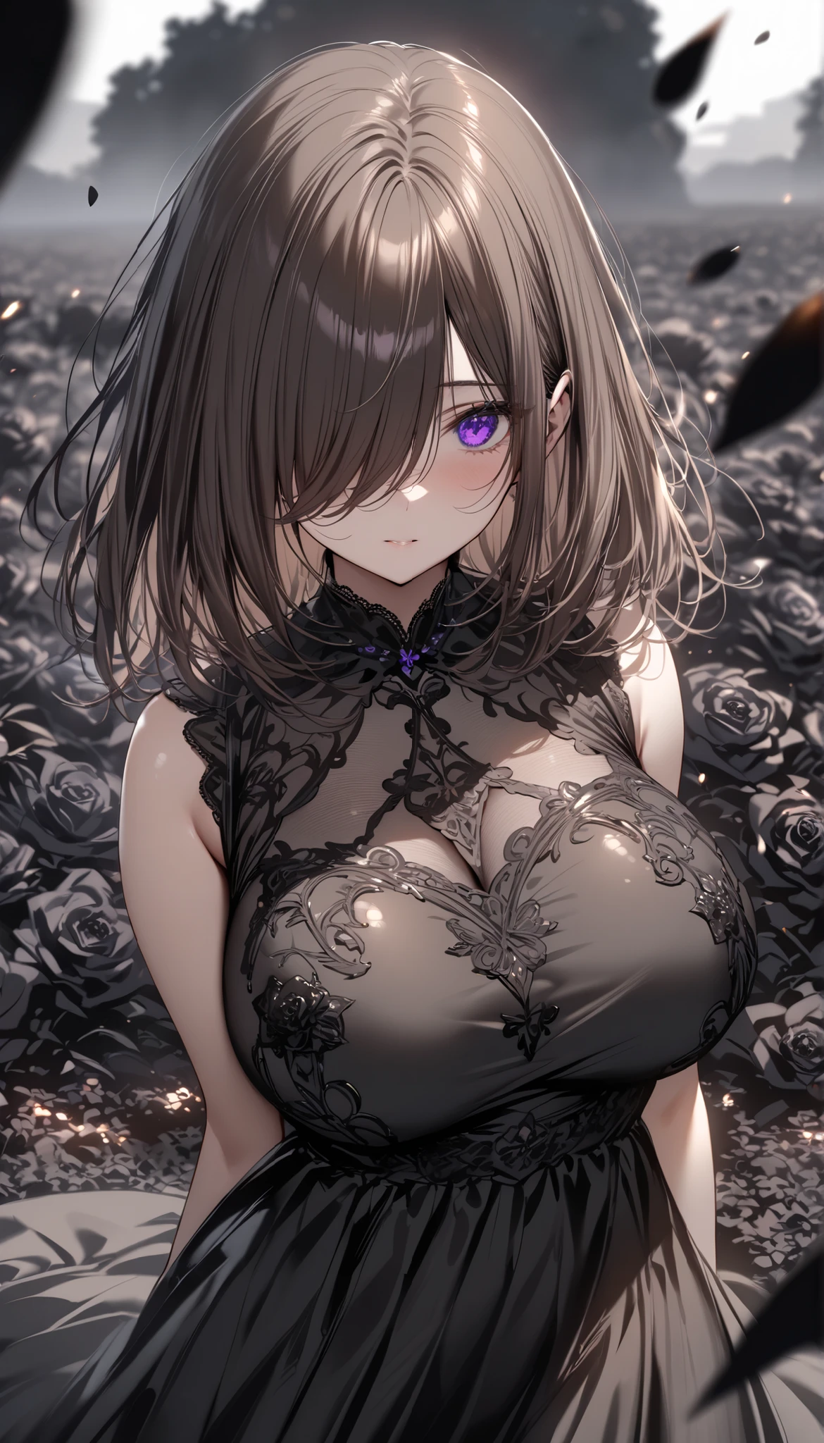(masterpiece, Highest quality:1.2), (1girl) ,alone, ((medium hair)), ((straight hair)) ,((dark brown hair)), ((hair over face)), (hair over one eye), (hair over right eye), ((detailed eyes)), ((purple eyes)), ((big breast)), high detail, bloom, (black dress), ((detailed face)), (beautiful effects), black flowers, black rose field, black petals, (grayscale), black pantyhose,