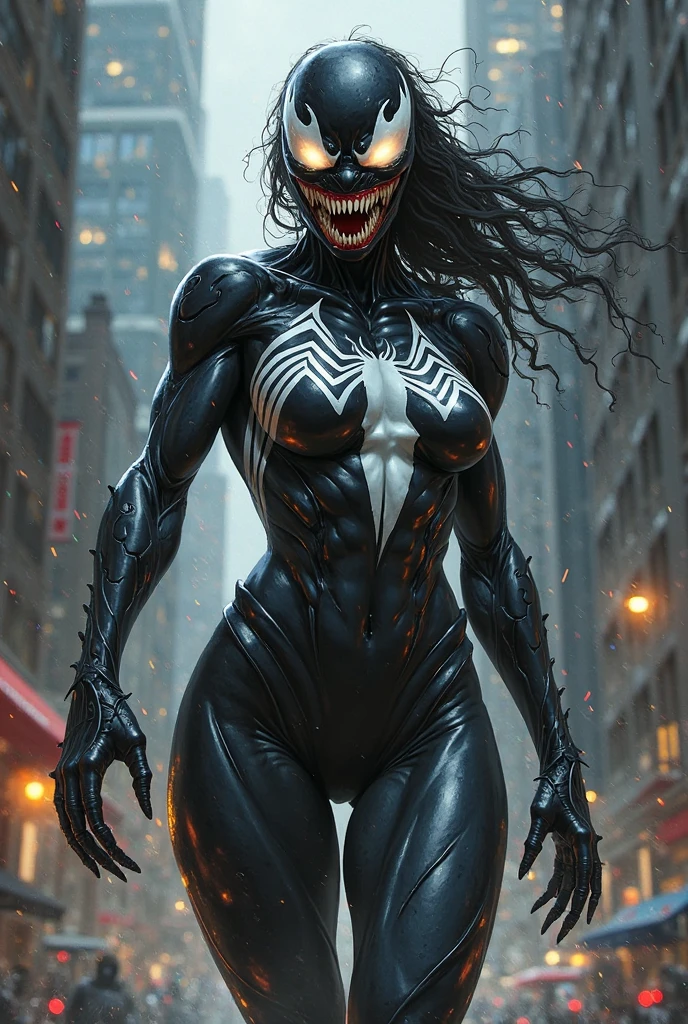 Ms Marvel - Kamala Khan, merged with venom, detailed costume, powerful stance, vibrant colors, dynamic action, glowing eyes, muscular physique, venomous tendrils, comic book illustration style, energetic brush strokes, dramatic lighting, intense expressions, cityscape background