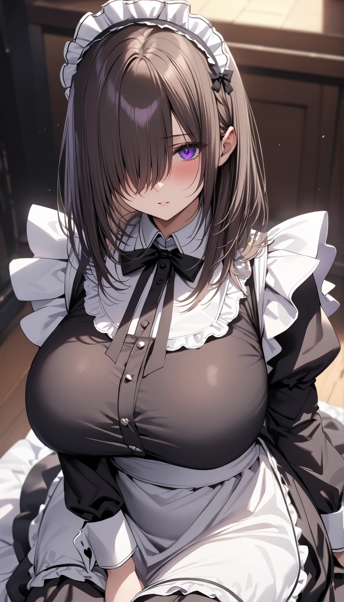 (masterpiece, Highest quality:1.2), (1girl), alone, ((medium hair)), ((dark brown hair)), ((straight hair)) ,((hair over face)), (hair over one eye), (hair over right eye), bloom, ((detailed face)), (black maid dress), long sleeves, white apron ,detailed eyes,(purple eyes), (huge breast), ((purple eyes)), sitting