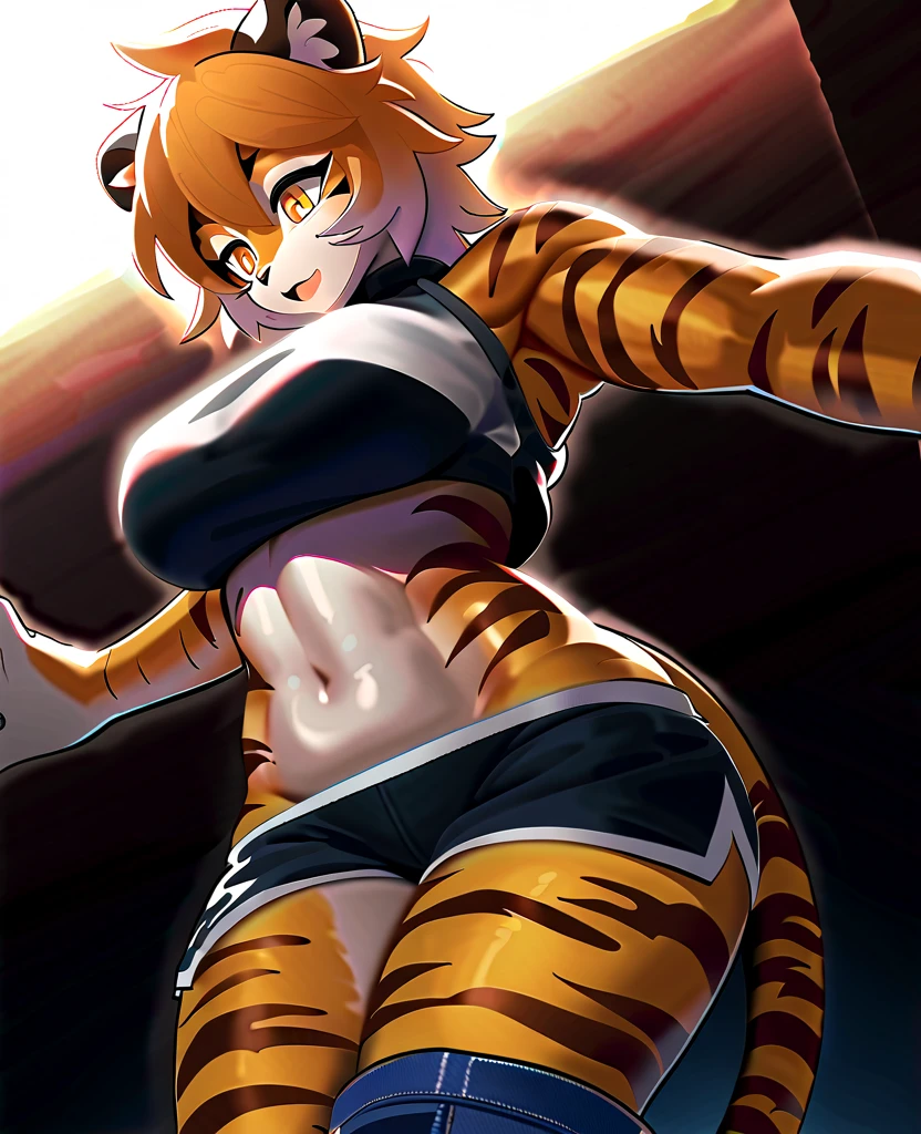 Girl, short orange hair, yellow eyes, tiger ears, tiger tail, almost naked, big breasts, exposed belly.
