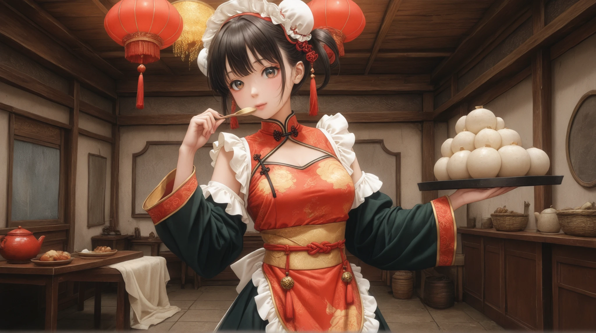 female, China maid clothes, Dim sum set, 