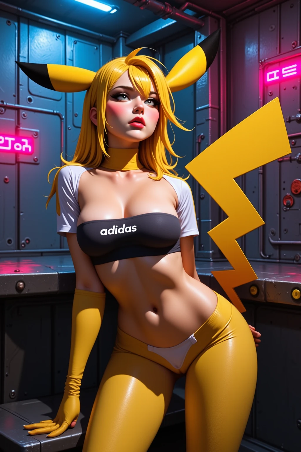 PUNIPUNI, a beautiful Pink hair gamer girl, beautiful detailed Blue eyes with (Sparkling Highlights:1.28), beautiful detailed lips,extremely detailed eyes and face,longeyelashes,in a (((Yellow Pikachu hoodie))) (Moe Sleeves:1.2), (Professional photo:1.37), Huge breasts (Overflowing Gigantic cleavage:1.28) close up down blouse, (perfect lighting) navel, Radiant PearlSkin with Transparency, Dynamic Joyful Expressions LifeLike Rendering