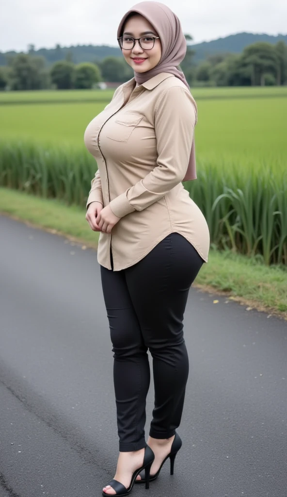the best masterpiece, chubby hijab woman, beautiful Asian face, full breasts, wearing a checkered shirt, wearing sport leggings, walking in the city park, smiling sweetly, facial details, body details, ultra detailed, realistic quality, fullbody 