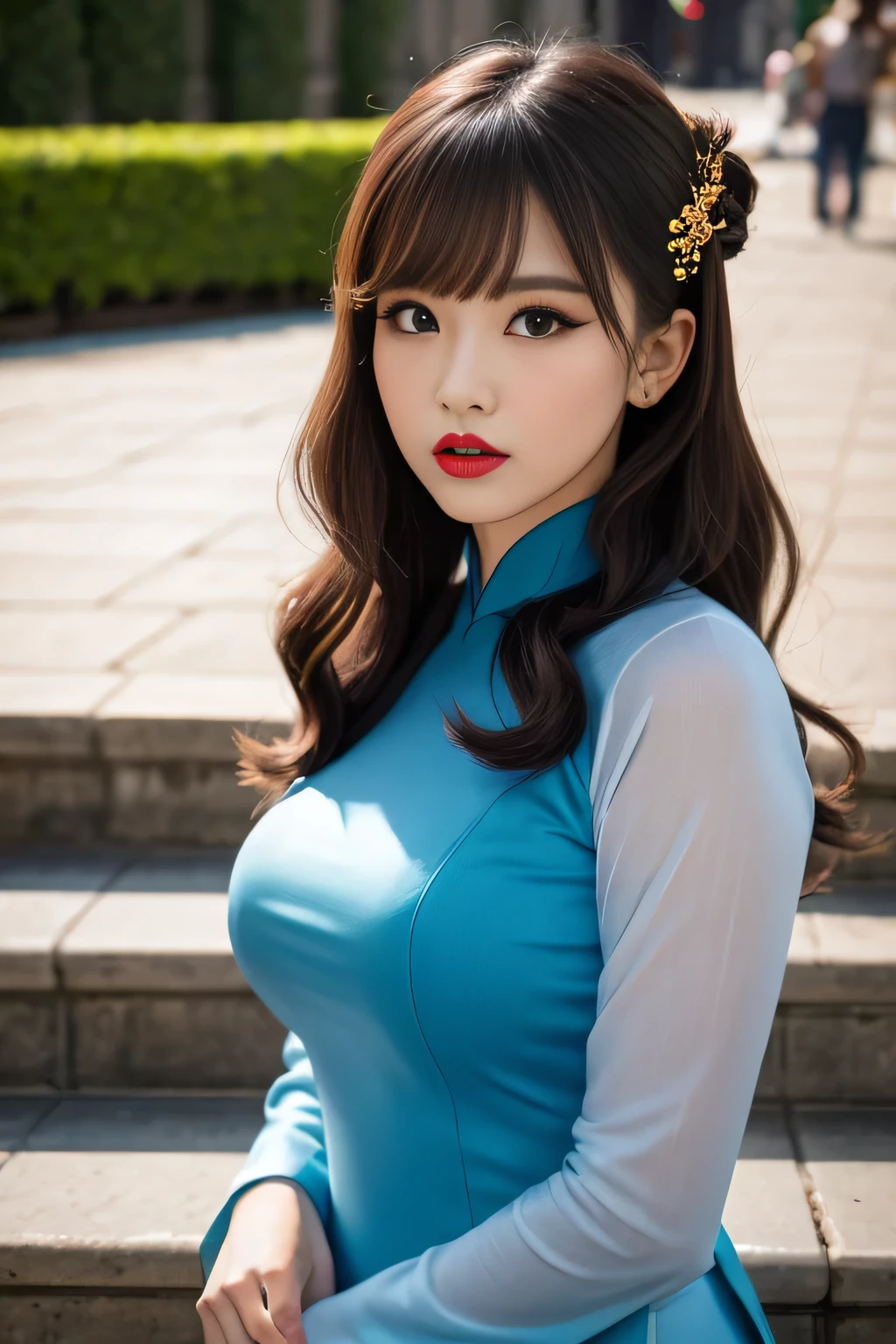 Highest quality, high resolution, masterpiece, colorful to keep.
Super beautiful woman, looks like a intimidating dominatrix, closed mouth, condescending gaze, staring at the viewer, makeup, long false eyelashes, eyeshadows, eyeliners, light red lips, big breasts, updo for short, bangs, big breasts.
Ao Dai, detailed hair ornament.
Outside the royal palace, stairs, daytime, sunshine.