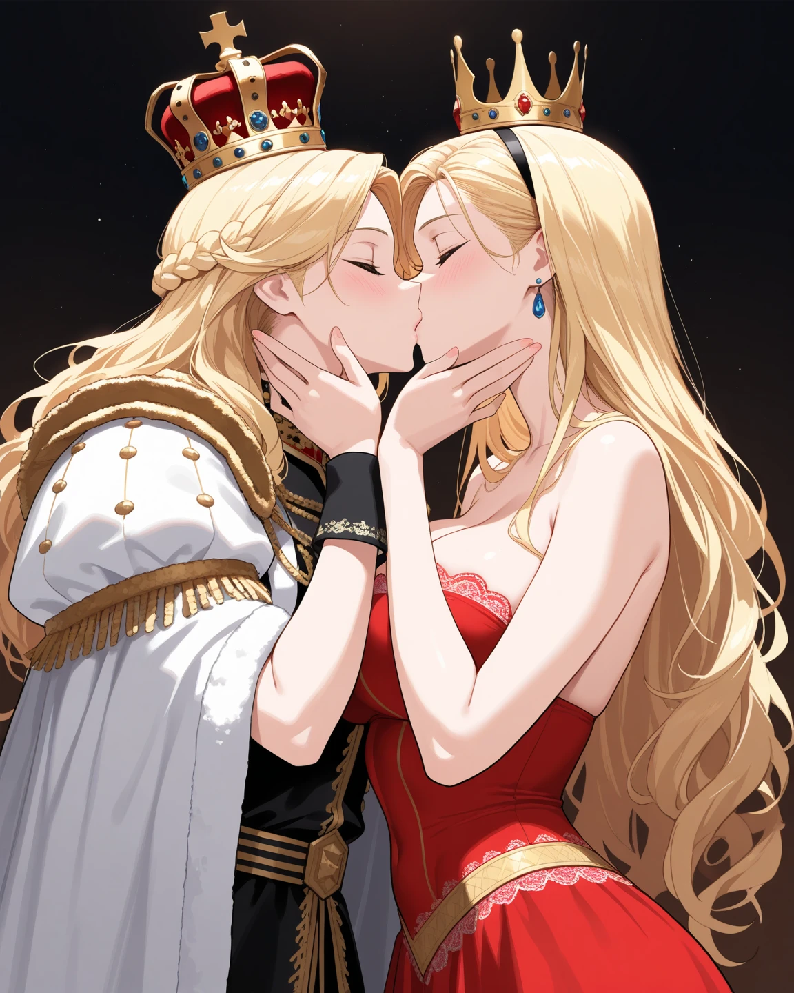 ((Highest quality)), ((masterpiece)), (detailed), （Perfect Face）、The woman is embracing the Prince of Light, sharing a vowing kiss, and getting married.、The woman is the evil queen Grimhild, Yuki Asuna, with bright brown hair in a semi-long style, wearing lipstick, thick eyeshadow, and heavy makeup.、The woman is dressed as an evil queen, wearing a black Victorian dress with luxurious gold embroidery and trim, a black cowl fitted over her face, luxurious earrings, adorned with lavish accessories, and a magnificent golden crown. She is a beautiful and evil queen, standing and reigning in front of a magnificent throne. She possesses majesty, elegance, and grace, with a stunning figure and a captivatingly alluring beauty, making her an absolutely stunning woman.