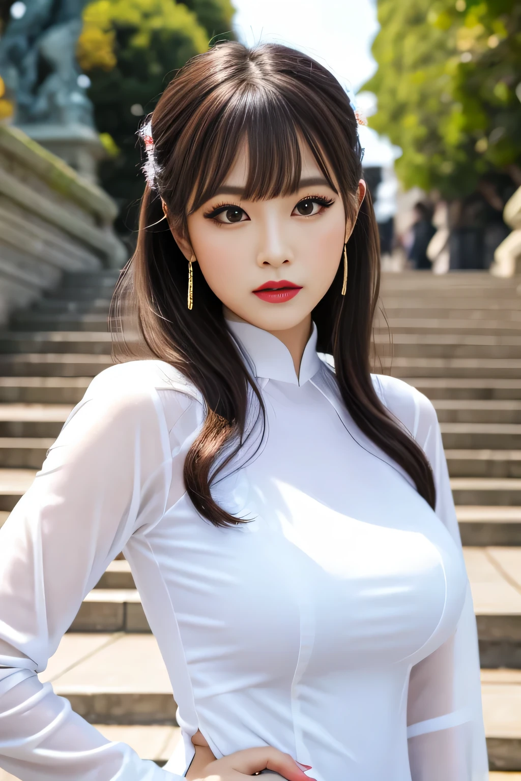 Highest quality, high resolution, masterpiece, colorful to keep.
Super beautiful woman, looks like a intimidating dominatrix, closed mouth, condescending gaze, staring at the viewer, makeup, long false eyelashes, eyeshadows, eyeliners, light red lips, big breasts, updo for short, bangs, big breasts.
Ao Dai, detailed hair ornament.
Outside the royal palace, stairs, daytime, sunshine.