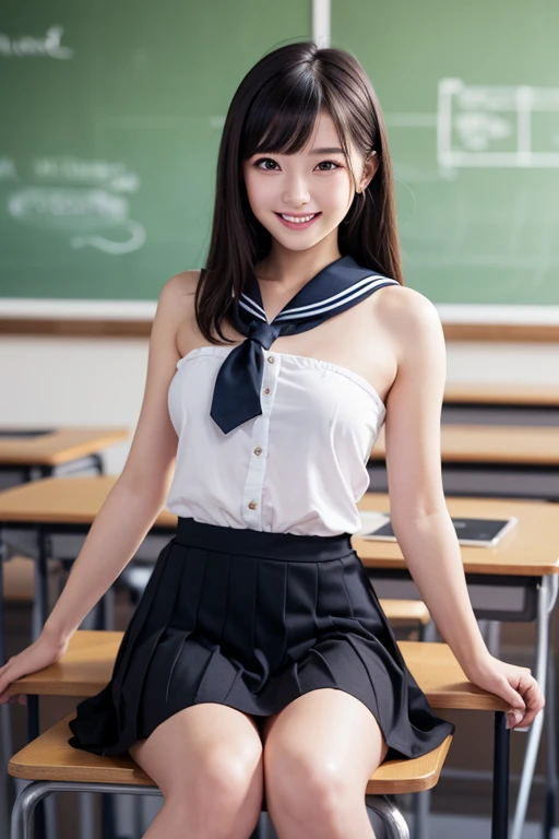 ((Best quality, 8k, Masterpiece:1.3, 1 girl, Beautiful girl)), High resolution, Cute, Dynamism, Detailed face, Detailed skin, Fine grain, Detailed lips, Realistic, RAW photo, Natural light, perfect anatomy, dynamic pose, round butt, toned legs, double eyelids, tear bags, round eyes, moist lips, mouth details, detailed tongue, Japanese girl, black hair, bangs, (Japanese high school girl sailor suit), indoors, detailed clothing, smile, long hair, ponytail, white bra, white lace panties,,high leg panties,sitting on a chair in the classroom.((open your legs))
