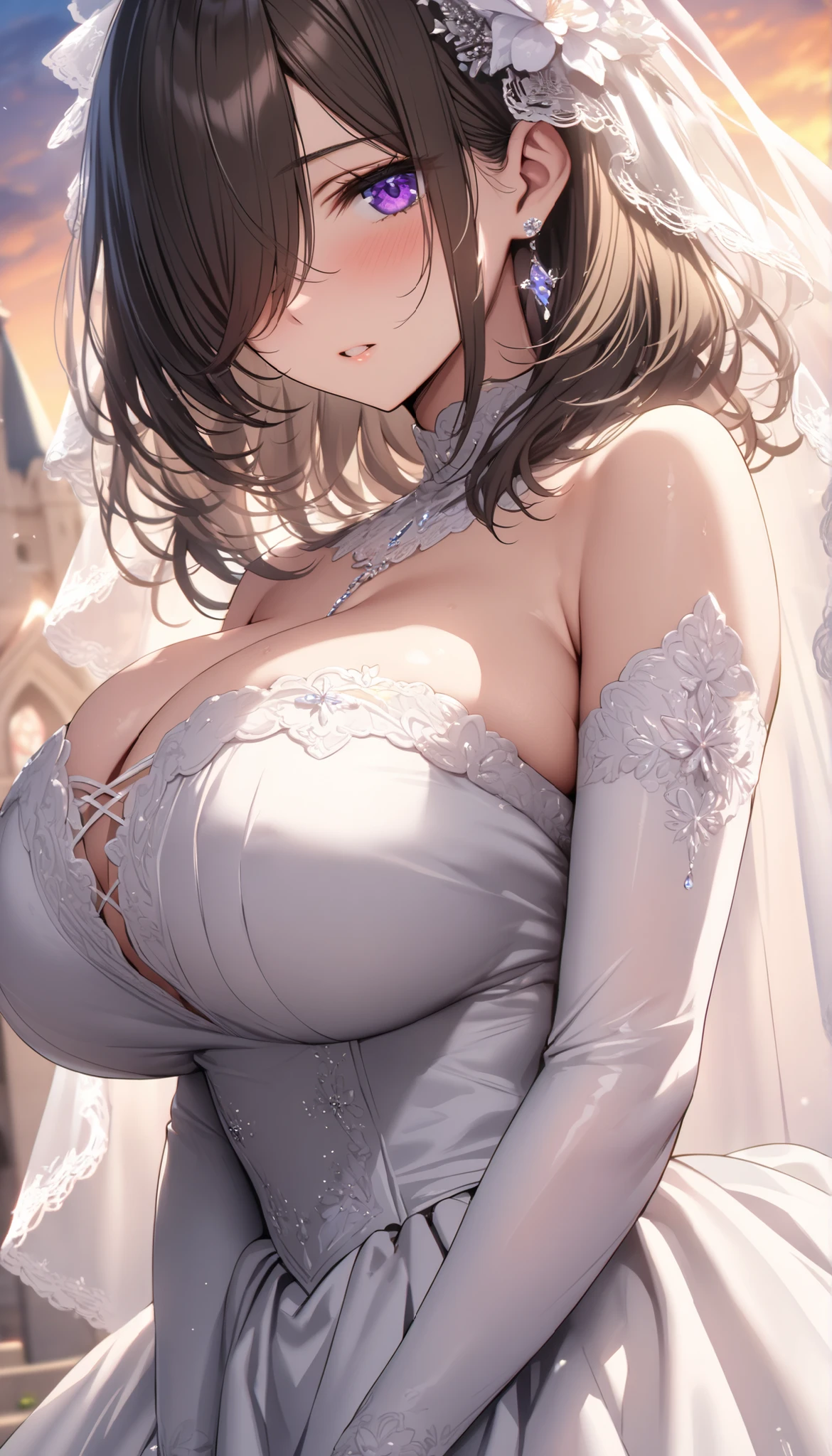 (masterpiece, Highest quality:1.2), (1girl), alone, ((medium hair)), ((dark brown hair)), ((straight hair)) ,((hair over face)), (hair over one eye), (hair over right eye), high detail, bloom, ((detailed face)), (beautiful effects), (white wedding dress), wedding veil, (purple eyes), (huge breast),church, standing, detailed eyes, cleavage, dusk, ((close-up)), ((view from behind))