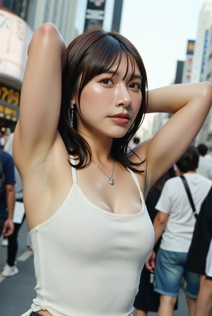 最high quality、masterpiece、High resolution、1 female、necklace、gem、Earrings、Beautiful Face、Body Up、Tyndall effect、Realistic、Rim Light、Two-tone lighting、(High resolutionスキン:1.2)、8k UHD、Digital SLR、Soft lighting、high quality、Volumetric lighting、photograph、High resolution、4K、8k、Brown haired woman、Adult、Small eyes、Perfect Mouth、Highly detailed eyes and mouth、Black natural eyes、Pure brown hair color、lol、Caucasian skin color、White shirt and random color tank top、Hair quality and shine、street、town、road、congestion、