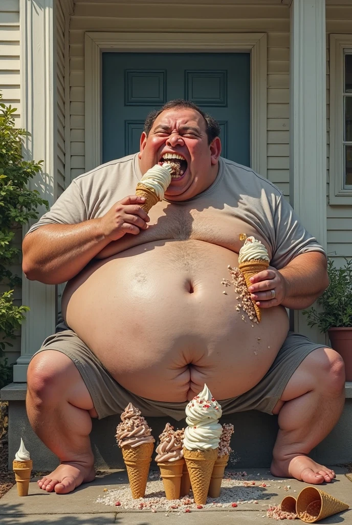 Generates an image of a morbidly obese person eating a vanilla Oreo cookie. On the table in front of the person, Place a sample of Oreo cookies combined with Greek yogurt and strawberries