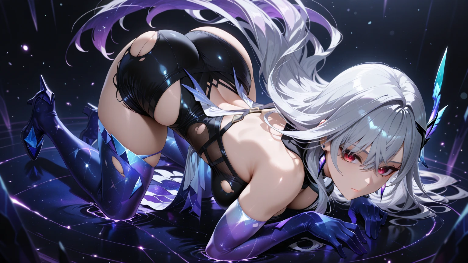 (8K, Highest quality, masterpiece:1.2),\(eye\),(\(Garment Details\)\),(Huge boobs) ,高画質CG Unity 8K ファイルサイズが大きい,Very detailed,High resolution,美しいeye,Ray Tracing,Dramatic Shadows,finely,Hyper Detail,(1 girl:1.3),(alone),Long Hair、wear(Cosplay_,Very cute black and purple lingerie with frills,Short skirt),blush,((eyeに見えるパンティー)),((Black panties)),Knee socks,Two-dimensional woman,((Squat)),((Face forward and spread your legs wide)),((Raise your arms up and place them behind your head)),Lift your butt,Simple Background,Sweat a lot,Female masturbation,Show the whole body,Love juice