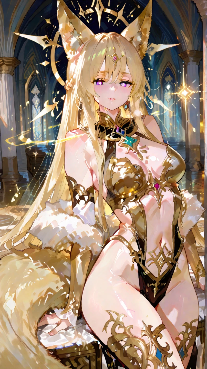 ((Highest quality)), ((masterpiece)), (detailed), (Perfect Face)、The woman is wearing only pure white see-through cloth, and her naked body is visible through it. All of her clothes are pure white and see-through, making her the image of a beautiful goddess.、Women are gods who became part of the Greek goddesses々The wife of Zeus, the king of the gods, the goddess Hera Extella、The woman is the beautiful queen of the one and only god, Zeus, the goddess Hera Axtia. She has medium-long blonde hair, an engagement ring, and is wearing only a see-through feathered robe and luxurious accessories. She is an elegant goddess and a beautiful queen of the gods.