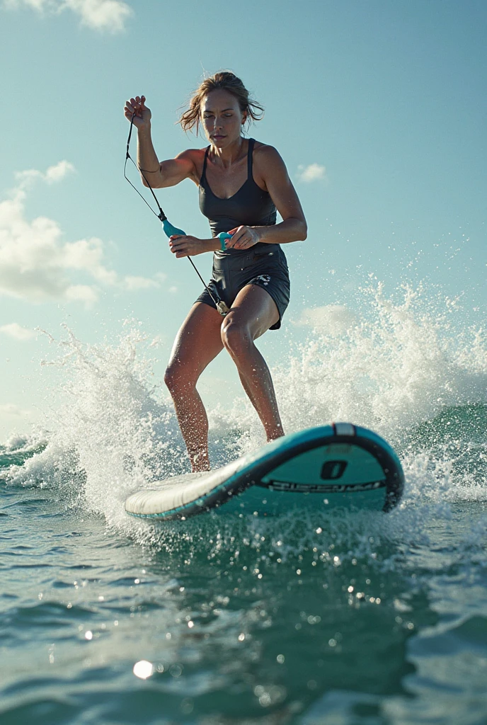 Generate a full height image of a girl standing on the beach with a surfboard. she is wearing a blue surfing suit, and her straight hair, Gather it in a ponytail, Swaying in the wind. Check out her profile standing on the beach with the waves in the background。. Highlighting the clear visibility of the blue surfboard, Ensure that girls&#39; clothing and hairstyles are accurately represented. By conveying the dynamics and atmosphere of the scene、Capturing the essence of surfing moments。.  