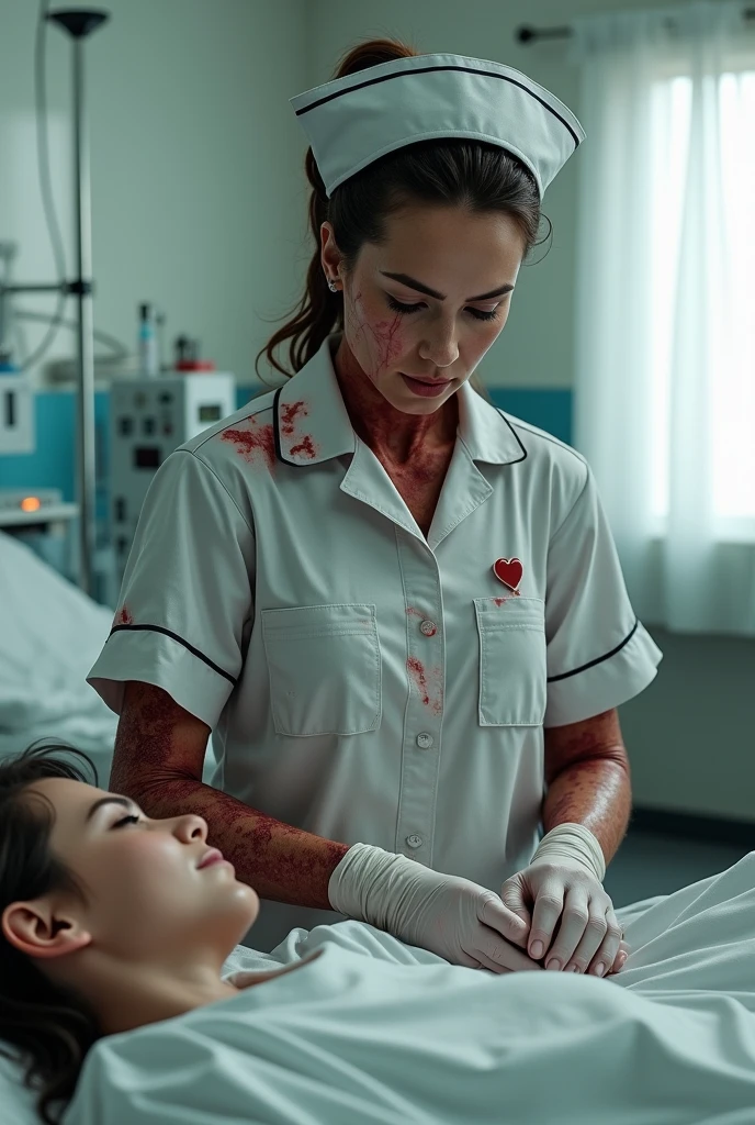blood-stained surgical gown with visible splatters and smears of blood.
Surgical gloves, also covered in blood, with some tears and wear.
A surgical mask that has dark, ominous stains and possibly a sinister smile peeking from behind it. Holding a bloody scalpel or surgical saw in one hand, with blood dripping from the blade.
Other surgical tools like forceps or scissors can be tucked into the pockets of the gown, also stained with blood.
A headlamp or surgical cap with blood splatters for additional detail.