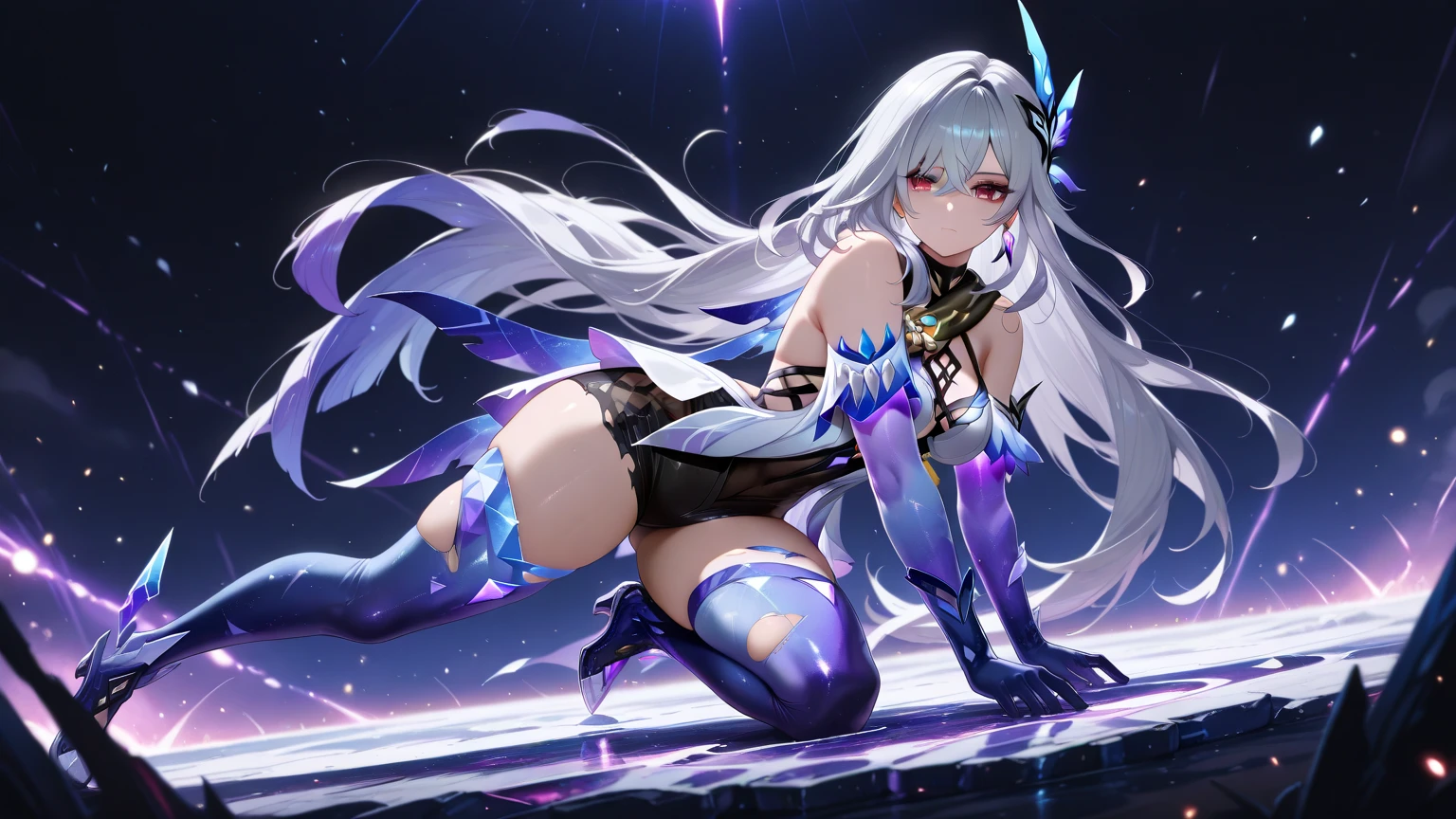One lady,14years,((White hair) ,((())), ((Normal breasts)), (())(()),(Shiny blue bodysuit with microskirt))),,((Fantasy,Moon Night))(())(Getting by tentacles)