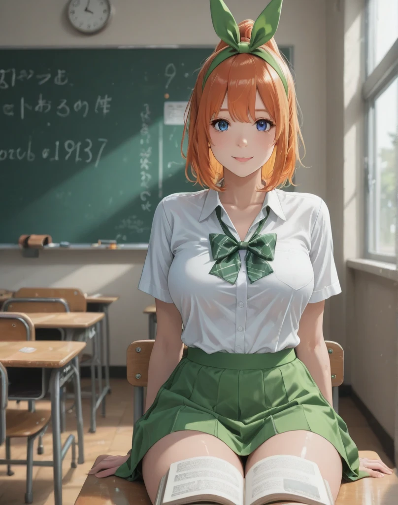 debris flieasterpiece、highest quality、Super detailed、High resolution、High resolution、8K portrait、Unity 8k壁紙のHigh resolutionCG、unity 8k wallpaper、cute:1.5、:1.5、Highly detailed CG unity 8k wallpaper、realistic、real person、cute、 portrait photography、shiny skin、High resolution、Orange bob hair、(:1.2)、(1 girl)、(classroom:1.6)、(school uniform),perfect face, seriously, (blush:1.5),(((clothing lift:1.5))), (medium chest:0.8),(((I have nipples))), Detailed description vagina,show vagina,spread legs,spread ,((vaginal orgasm:1.7))、green rabbit ears ribbon