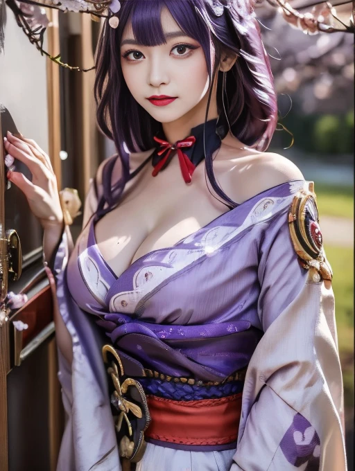 happy, bared legs, Japanese temple, (Highest Quality,masterpiece,8k wallpaper:1.2),((Pale skin)),1girll,Solo Woman,((Genshin_impact,Raiden general)),thunder light particles,Purple thunderbolt,Bright background,the cherry trees,purple color-theme,Delicate facial features,Sexy beautiful anime girl,Raiden general,Long purple hair,rosy lips,Anime mouth,Keep one's mouth shut,A sexy mature woman,(Severely melancholy face),Detailed eyes,busty figure,