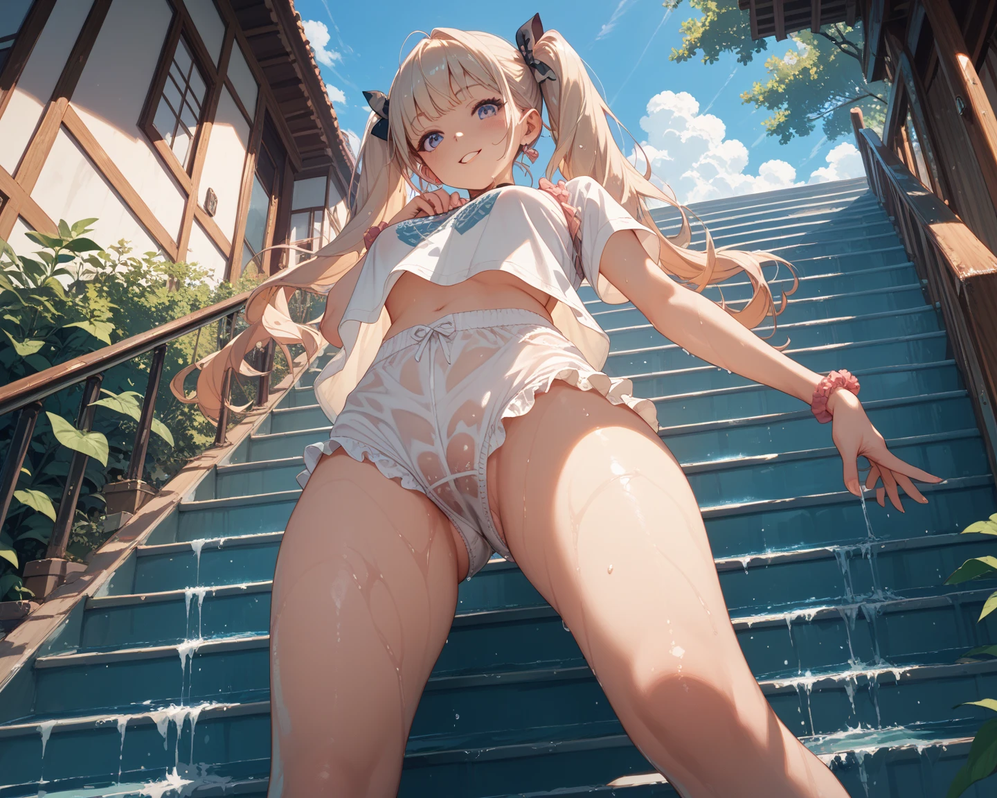 Masterpiece、Highest quality、Highest quality, (Long, slender legs, shoes:1.2), (Spread your legs), 1 girl, (smile、Open your mouth大笑い:1.2), Cute eyes, (Detailed face:1.3)、Open your mouth, The whole face turns red, alone, Oversized breasts, Big and ample breasts, (Straight bangs, Twin tails:1.2), (White maid outfit:1.2)、(Nipples、Ultra-micro bikini that only covers the bust digs into the skin:1.2)、Side bust、Underbust、belly button、Walking through the mansion'corridor、Browsing Caution、shoes下
