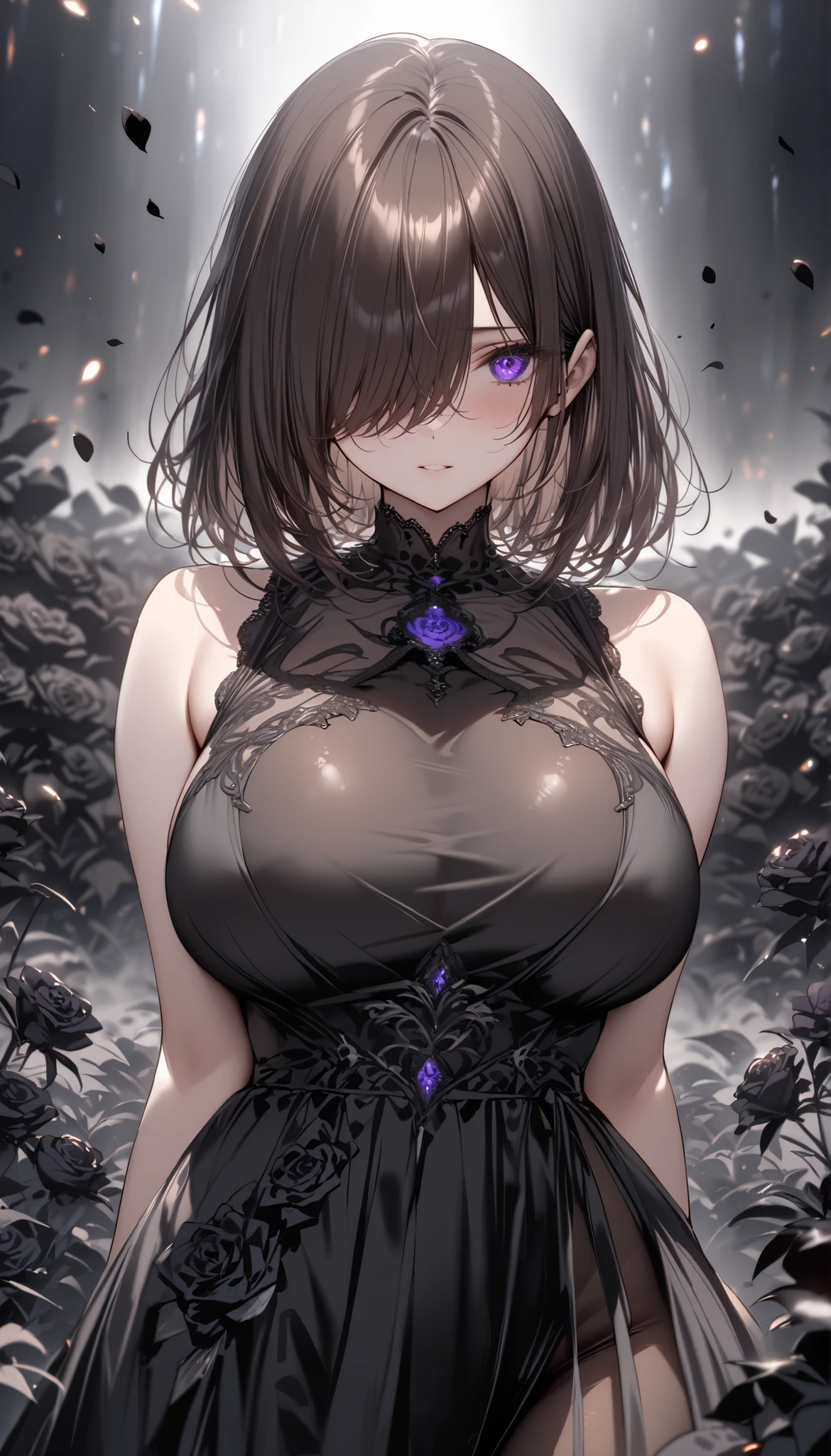 (masterpiece, Highest quality:1.2), (1girl) ,alone, ((medium hair)), ((straight hair)) ,((dark brown hair)), ((hair over face)), (hair over one eye), (hair over right eye), ((detailed eyes)), ((purple eyes)), ((big breast)), high detail, bloom, (black dress), ((detailed face)), (beautiful effects), black flowers, black rose field, black petals, (grayscale), black pantyhose,