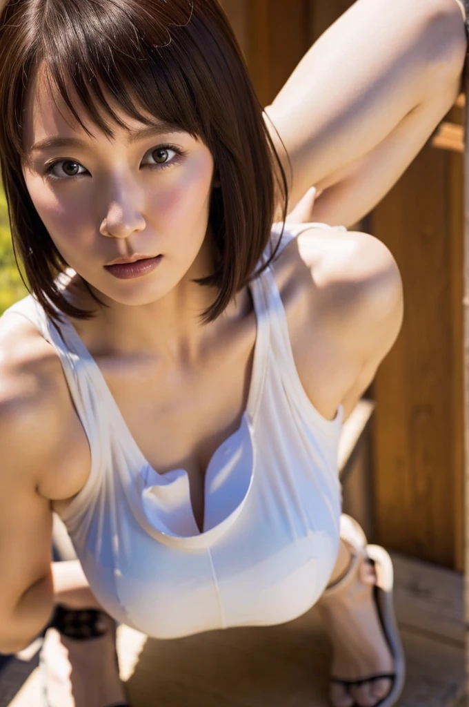 ((((Tabletop, highest quality, High resolution)))), Extremely detailed 8K, Beautiful girl with slim body, Teenage Girl、(Ultra HD, Very detailed, Very detailed, Very realistic, Ultra-realistic, Photo Real), (One girl:1.5), Straight Hair、short hair, Bobcut, (Sexy pose), To the camera, Glaring,Japanese,Sharp Eyes, Narrowed eyes、Oriental features、(Small breasts: 1.1), Flat Chest、Small breasts、Small breasts、Thin body type、(Beautifully detailed face, Beautiful fine details), bra, Tie pants, In underwear、See-through,Squat posture、Muscle training、Shine, Sweat, (Light of the sun, sunlight),naked,Exposed most of her chest,Most of the lower body was exposed、Beautiful Abs,Nice butt,Beautiful Abs,Stunning abs、Armpits、Exposed armpits、Small Breasted、目立つNipples、Nipples、Full Body Shot、White skin、Beautiful Skin、front、Tight lips、Scornful Eyes、Beautiful Nose、Toned body、Closed Mouth、muscle、Muscle Body、Thin armpit hair