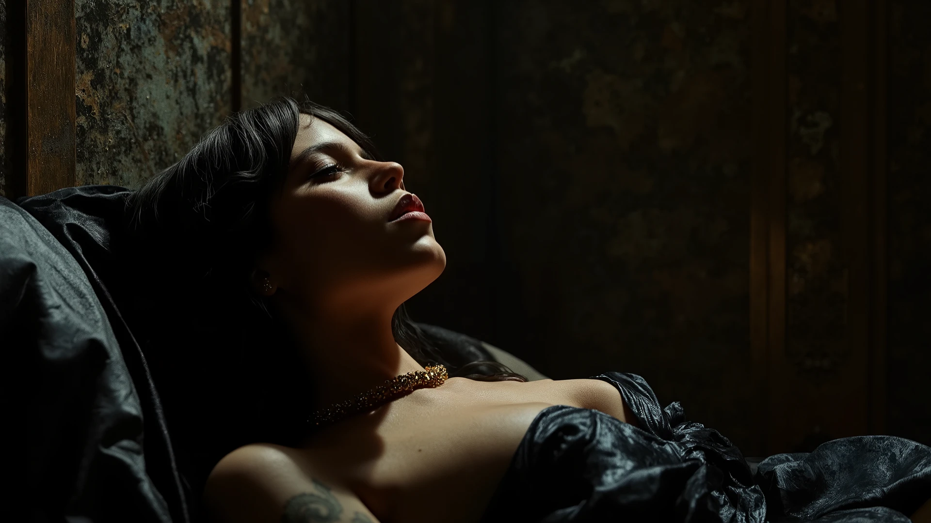 In a darkly atmospheric hyperrealistic medieval painting, a mysterious woman of Arabian-Turkish descent lounges languidly in a shadowy ancient noble marble hamam room. Her raven-black hair tumbles in waves around her shoulders, framing her captivating face highlighted by striking amber eyes that seem to glow. The low, dramatic lighting emphasizes the opulent textures of her semi-transparent medieval silk garments, hinting at her form in an alluring manner. The marble walls, adorned with detailed Arabian carvings, absorb the light, creating a moody and enchanting environment. This stunning artwork is rendered in a 30k CGI resolution, revealing every intricate detail from her radiant skin to the perfect arch of her lips.