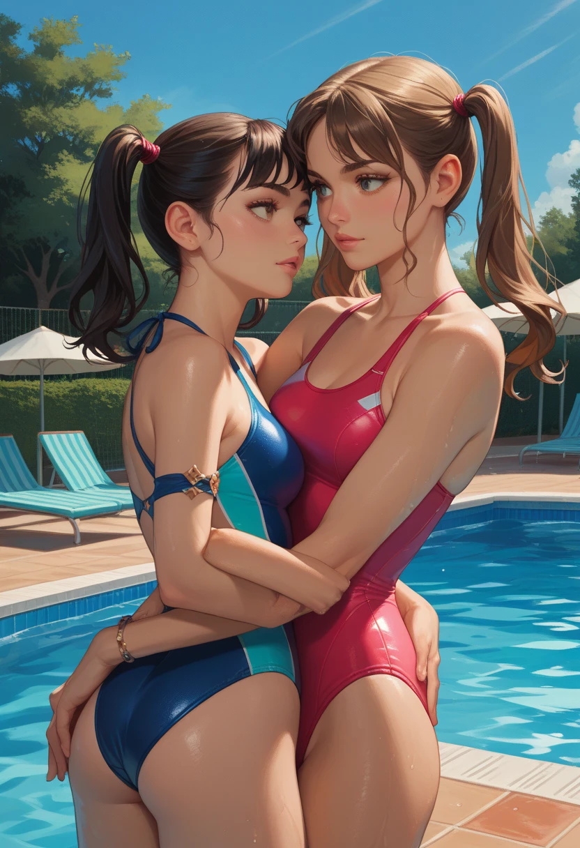 swimsuit beautiful breasts lesbian kissing blush two-dimensional girl wet height_difference