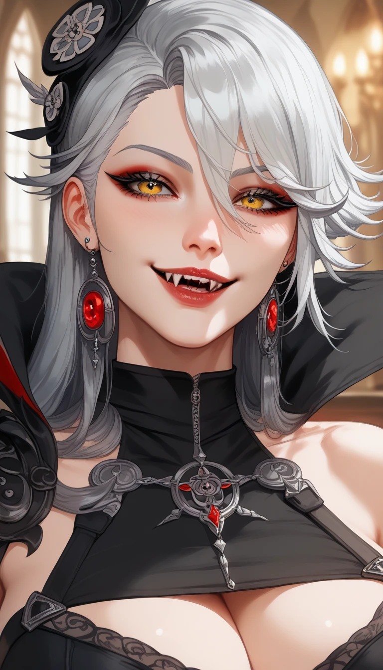 Anime evil vampire, smart and self aware, cunning and sexy, elegant and gothic, sharp teeth