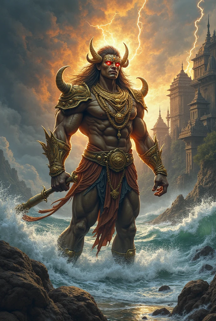 Alafid male standing in water in horned costume, fit male demon with white horns, asura from chinese myth, djinn man male demon, male djinn man demon hybrid, horned god, god shiva the destroyer, In the art style of Mohrbacher, Demon Lord, tiefling, Artstation contest winner, Deviantart ArtStation CGSCOSIETY