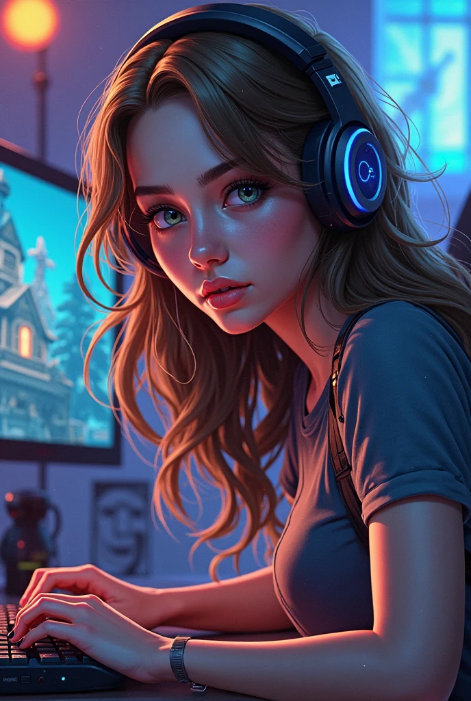 In a city room、Wearing ear pads lined with books、Beautiful ager with computer in front of window stars at night。Ultra-realistic,8K,Ultra High Definition HD,Pixar Style,High resolution,16:9