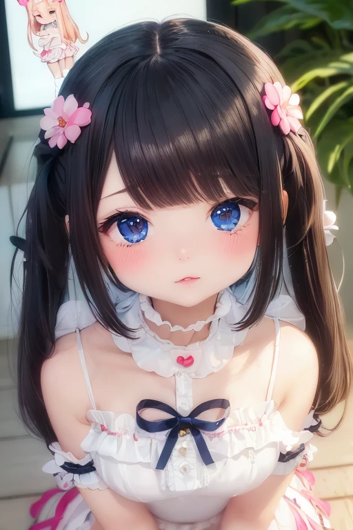 ((masterpiece, best quality, ultra-detailed, high resolution, extremely detailed CG, super detailed, Most beautiful clean lighting)), 1girl, small build, 10 years old, cute girl, pretty face, smile, white skin, Beautiful black long hair, black eyes, kawaii, full body, nsfw,