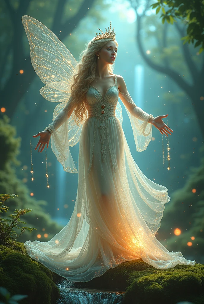 A captivating photorealistic portrait of a mythical nymph with long, white hair and translucent wings. She is adorned in a stunning, semi-transparent dress made of crystals that emit a soft, ethereal glow. The dress gracefully flows around her, casting a mesmerizing light on the surroundings. The words " No pidas permiso para volar
las alas son tuyas y el cielo no es de nadie. " are delicately written in luminous text at the base of the image. Nearby, a vibrant red flower with a long stem appears to be floating in the air, adding a touch of color to the scene. The dark background accentuates the brightness of the figure and the flower, creating a striking contrast that draws the viewer's attention.