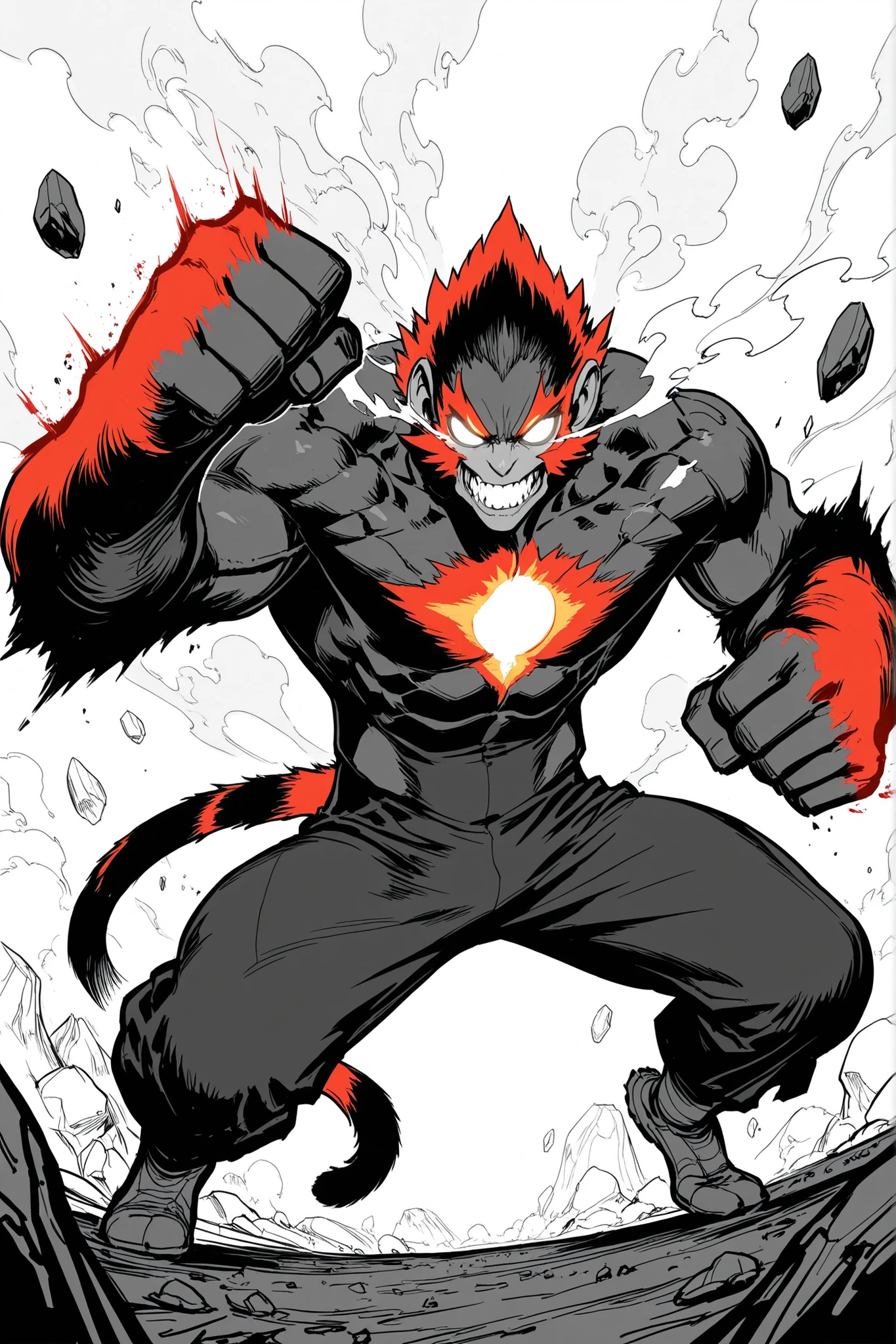 Game monster, sketch, concept art, monkey mandrill, bright color, Breath steam, black and red furr, white eyes, round eyes , glowing eyes, muscular, on plain white canvas, rough, thin lines, 2d, concepts art, large, wide front arms, tail, Masterpiece, incredible quality, perspective, dynamic pose, dynamic angle,Alone , grew old, brutal, cunning, punching viewer , upperbody , upperbody only, Forearm covered with rocks, upperbody only, upperbody only , upperbody