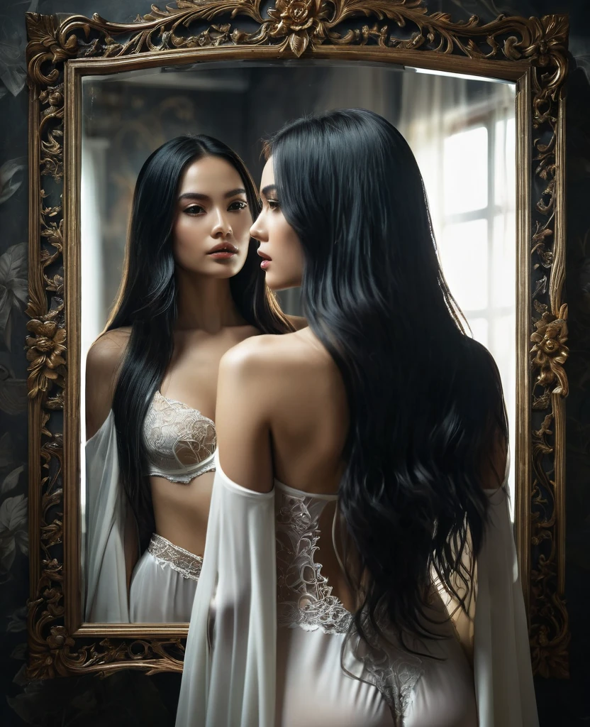 1girl, micro lingerie, looking at the mirror, starring at the reflection, standing, perfect reflection, perfect body, perfect anatomy, back view, tall golden square frame floral carved mirror, long black hair, mystical elemental, ethereal, dark smoke surrounded, dramatic light, exotic scene, crisp, terrifying, dimmed light, super detailed, UHD, 8k, epic realism, fantasy art, photo art. photoillustration (transparency effect 0.25), symmetrical sagital cut ((vertical half cut 1.5))seamless mix-merged, texture and pattern, ((transparency effect 0.35)), iconic standing-pose stance, dramatic shadows, dramatic lights, interlacing elements, fantasy art, two face tones, two body_tones, very_long hair, flowing hair,  opposite-opponent digital manipulated photo art, hyper-realistic, ultra-detailed, crisp clarity, high-contrast, overexposure, luminous ambiance, rich textures, intricate patterns, vivid colors, cinematic lighting, photorealistic, accurate anatomical proportions.