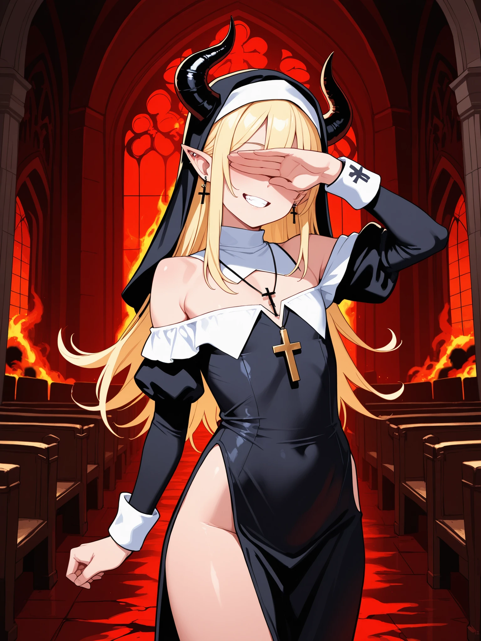 Femboy, 1boy,nun,Pointed ears,Devil Horns,hair covering eyes,blond,flat chest,Smile,teeth,Long hair,Hips,
Bare shoulders,White off-shoulder dress,earrings,Wrist sleeves,wristband,Cross necklace,
church,hell,